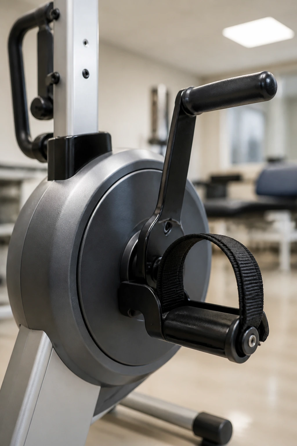 Close-up of arm ergometer pedal and handles in a clinic setting