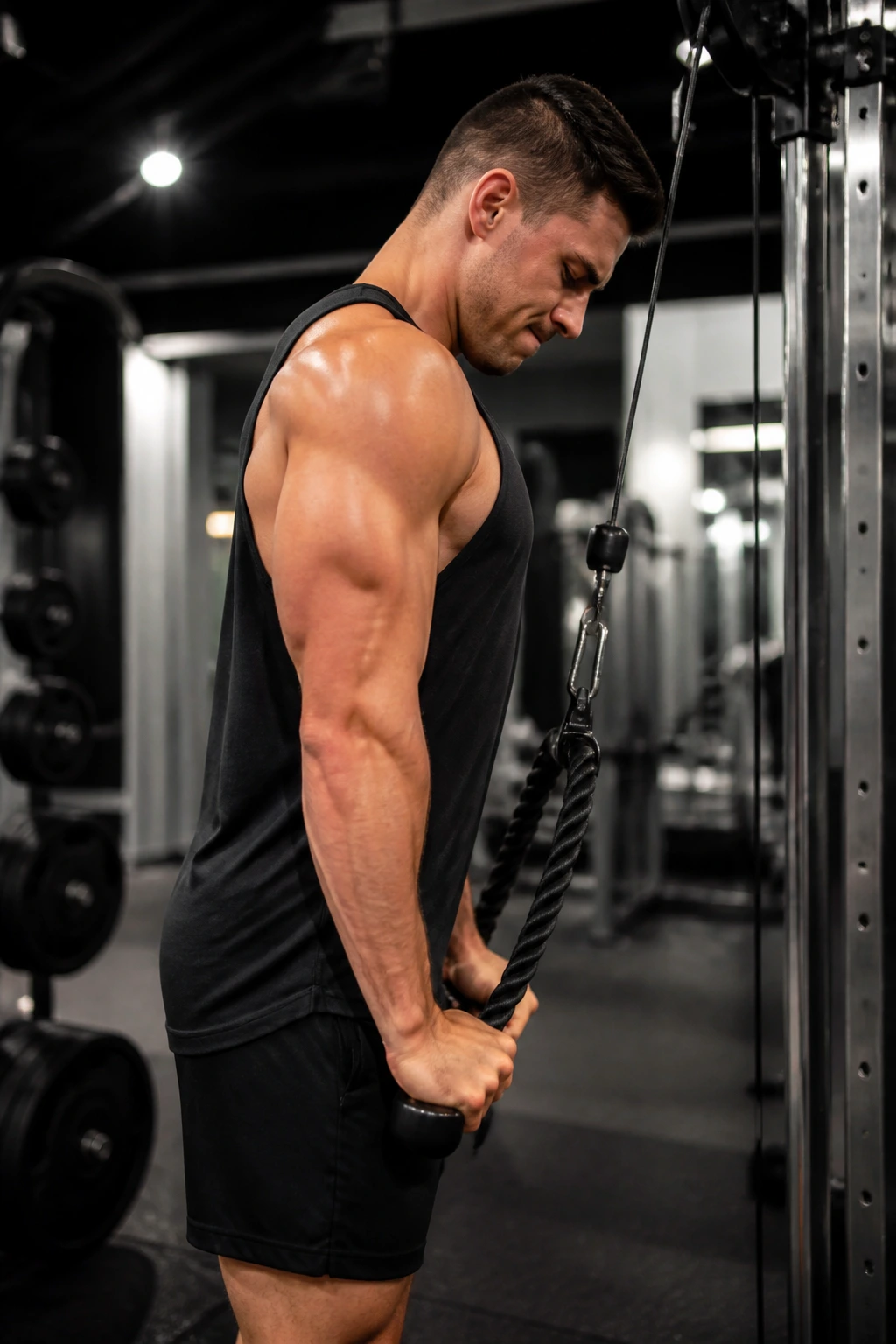 Real person performing rope pushdown at cable machine during an arm finisher ladder
