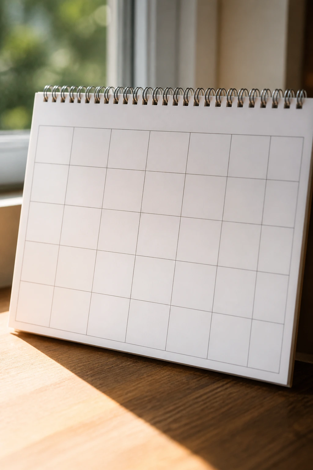 Close-up of a blank calendar grid on a wooden desk representing The Arms and Back Posture Calendar