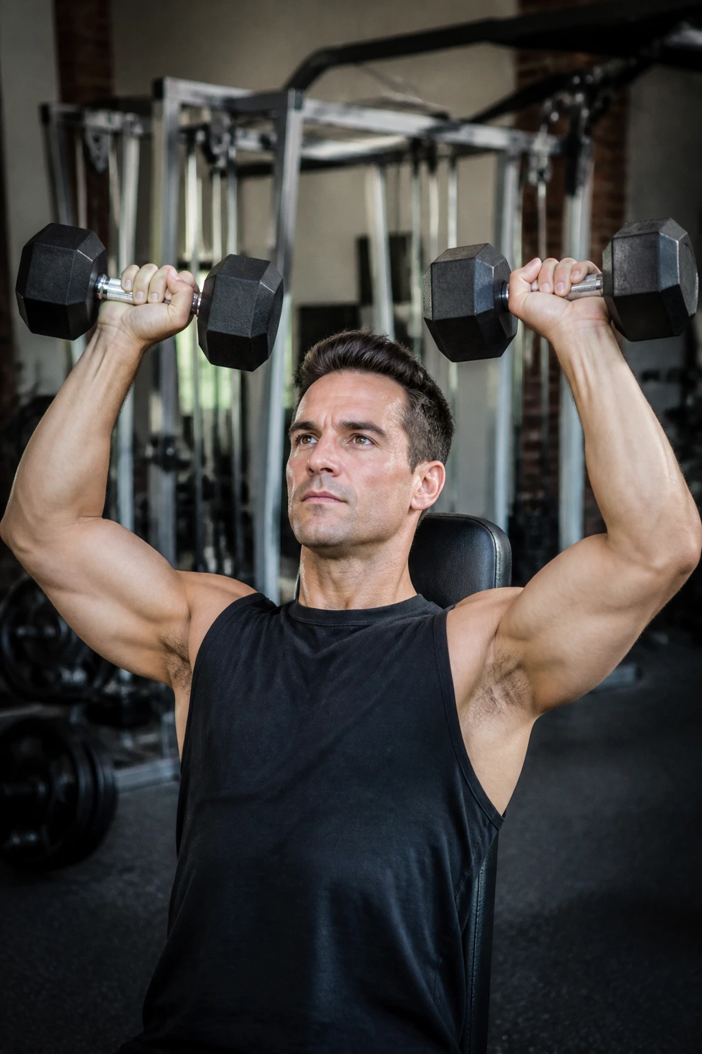 Real person performing Arnold press with rotation in a gym setting.
