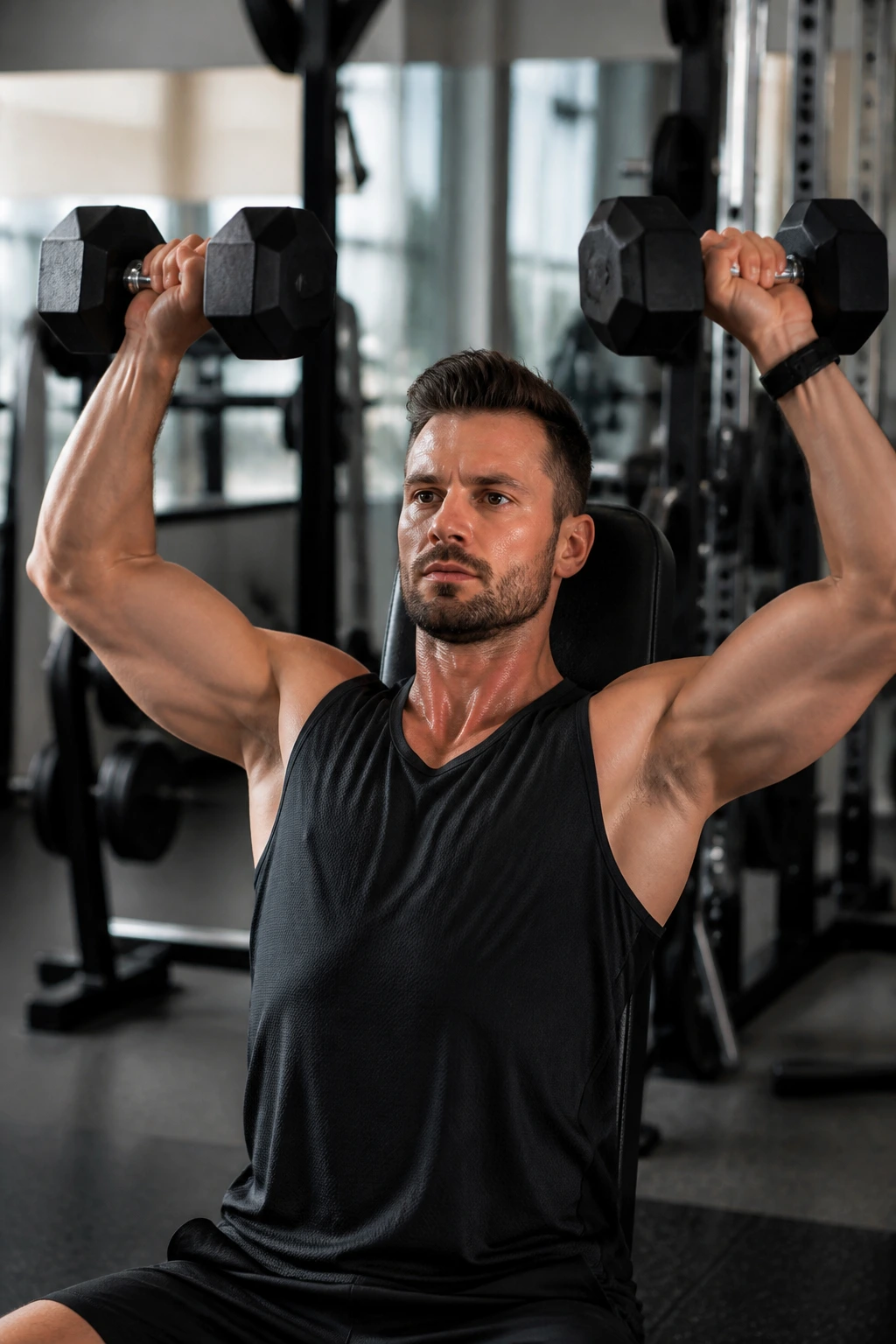 Person performing Arnold press with rotating palms in a gym