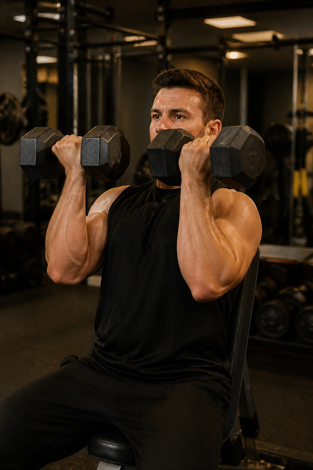 Real person performing Arnold press in a gym