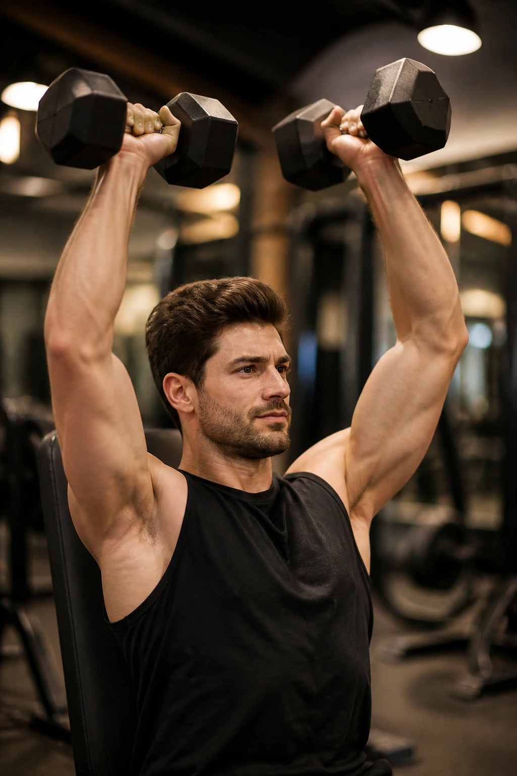 Close-up of a person performing an Arnold press with dumbbells.