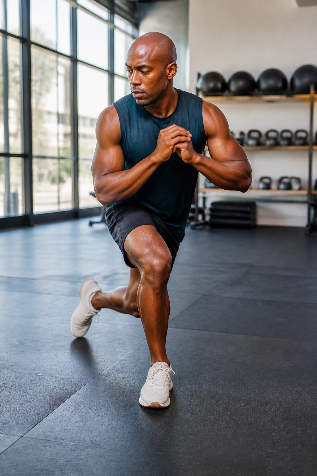 Medium-close shot of an around-the-world lunge arc in a gym