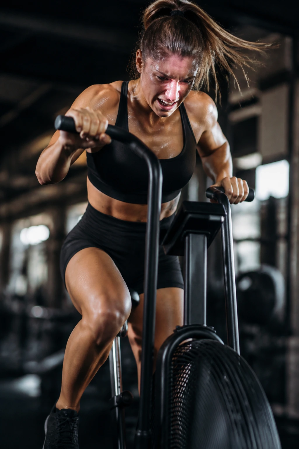 Athlete on assault bike pushing through intense intervals