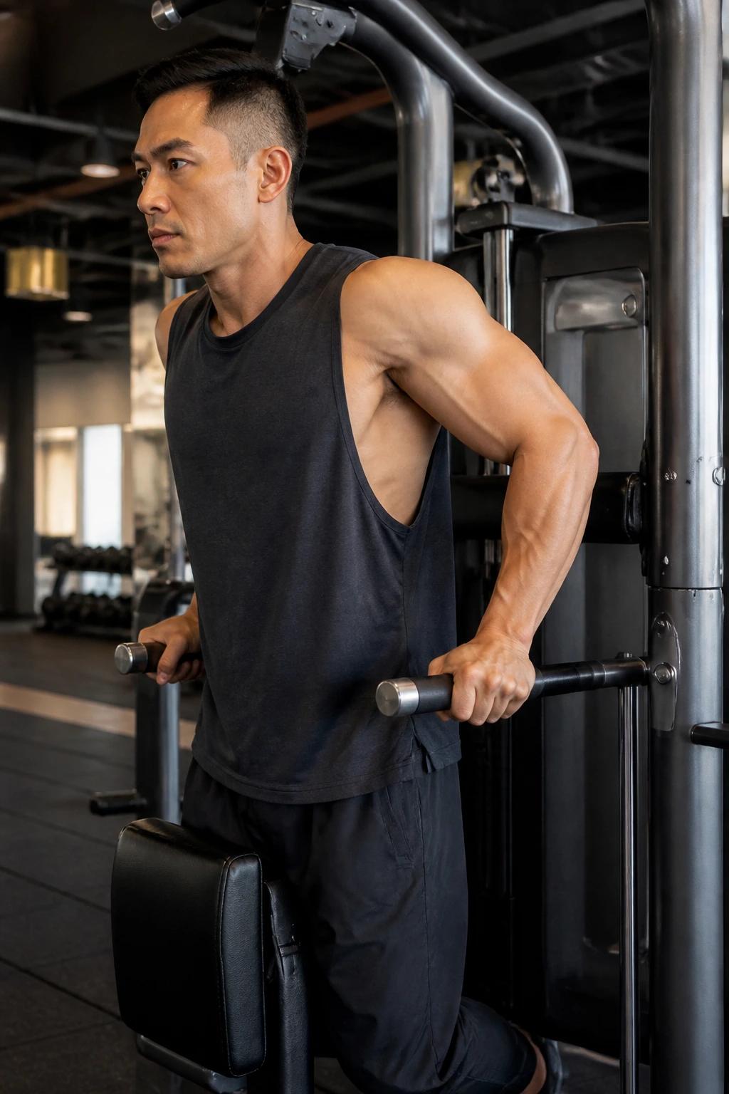 Person performing an assisted dip on a machine in a gym
