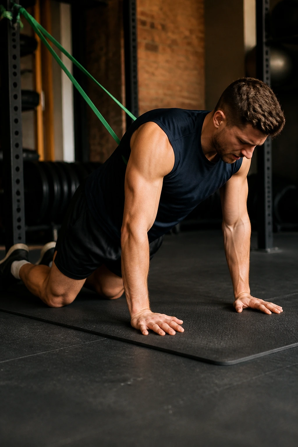 Close-up of a real person performing assisted Nordic lowering using a band for a controlled descent.