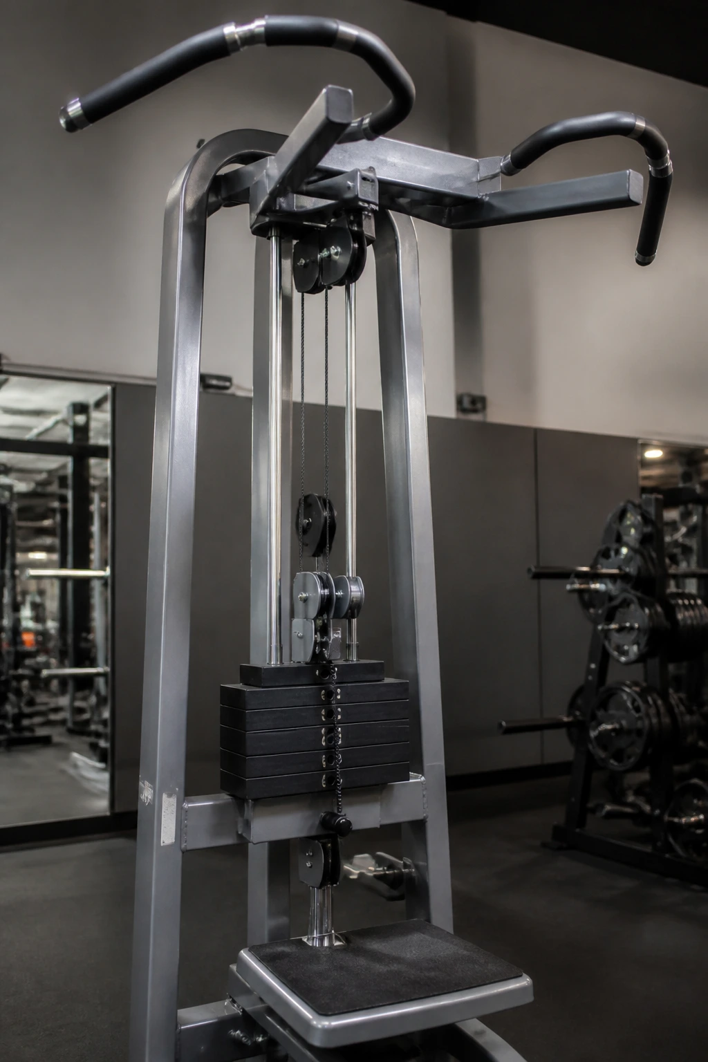 Close-up of Assisted Pull-Up Machine bar and counterweight platform in a gym