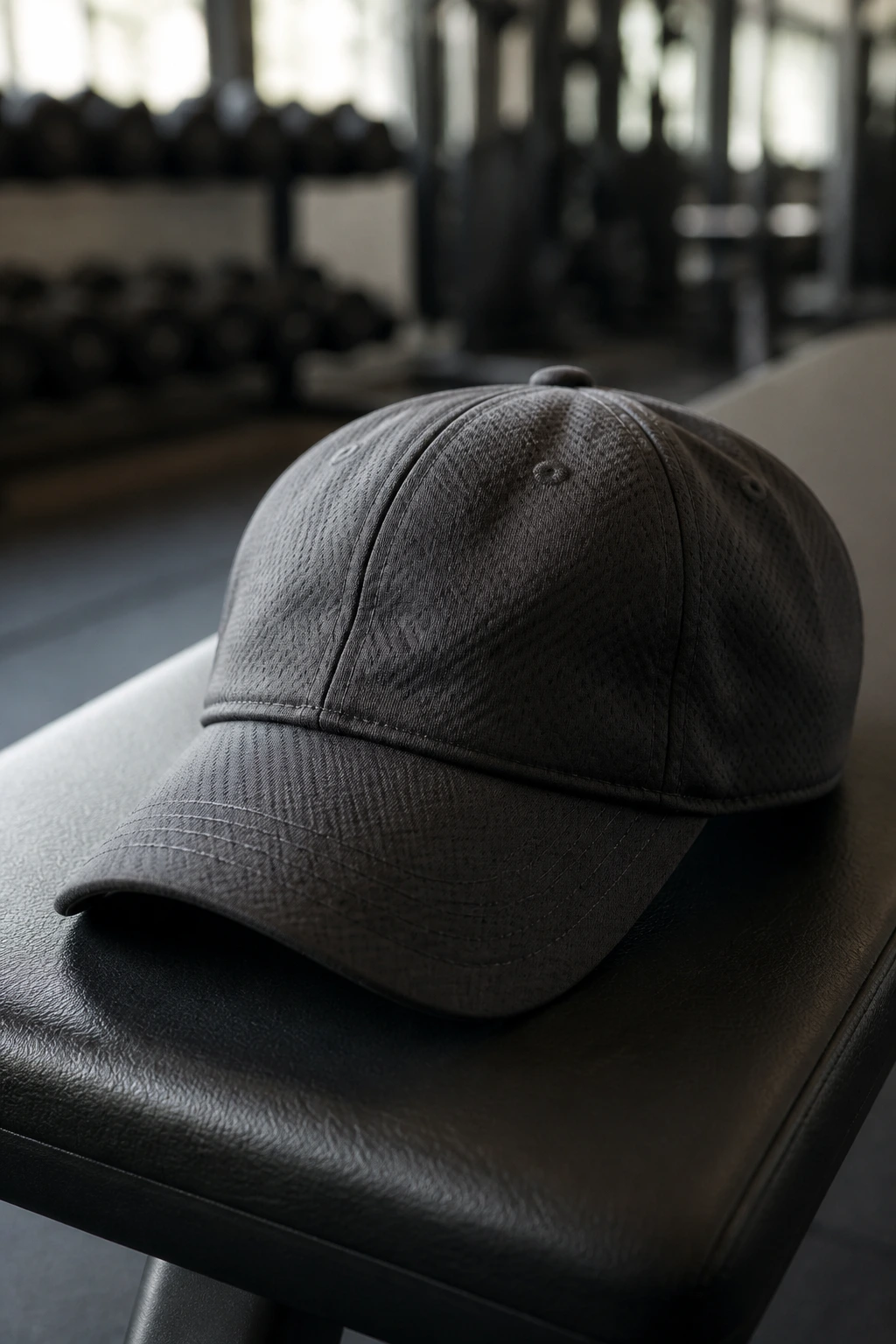 Athletic cap close-up on a gym bench