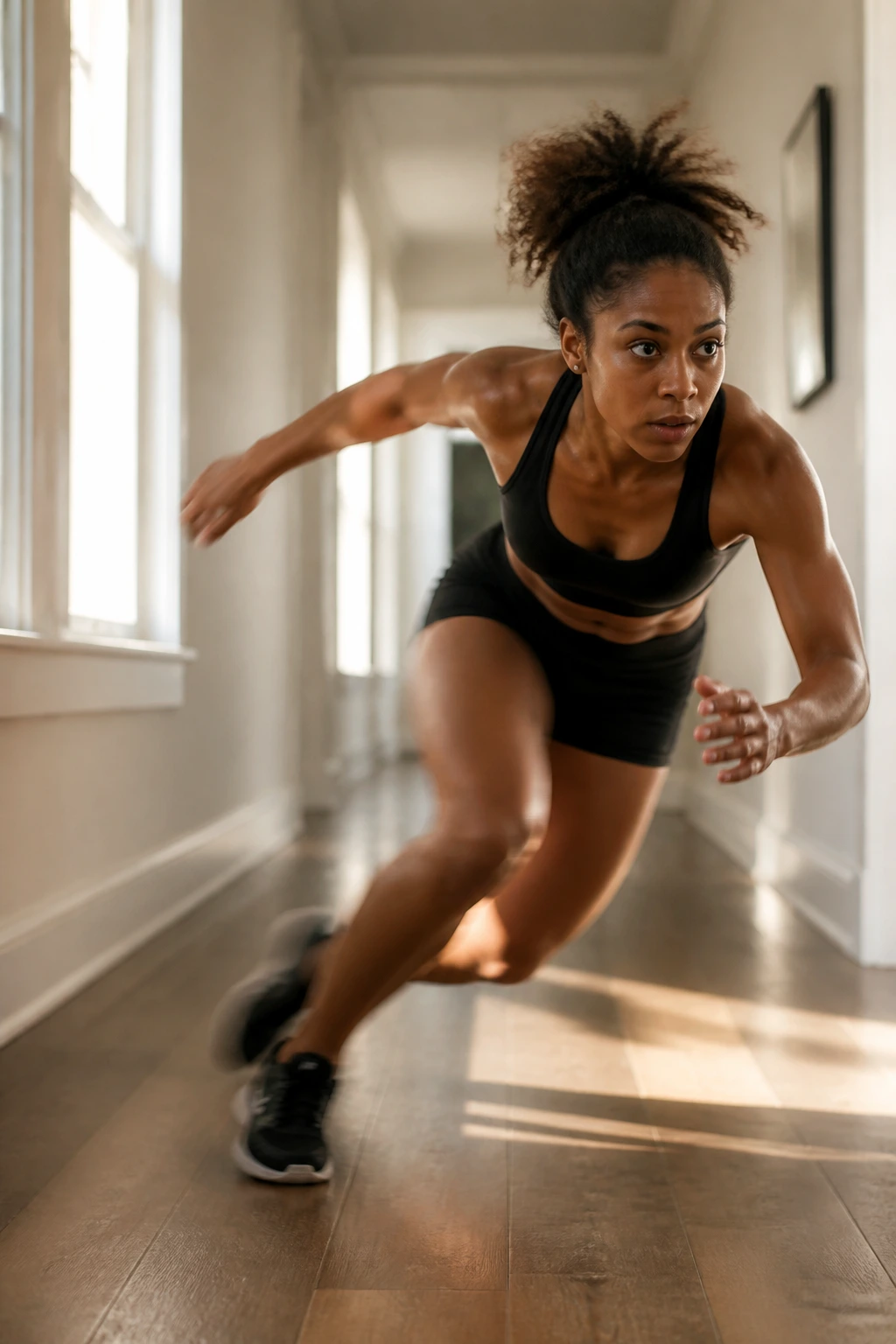 Mid-shot of a person performing athletic conditioning move in a home hallway
