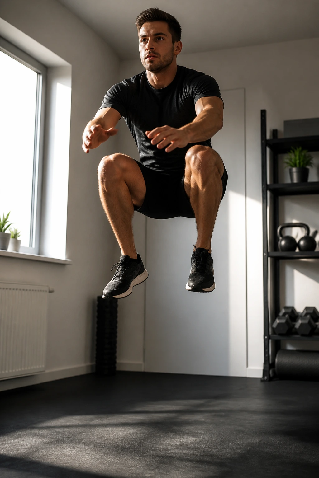 Athlete mid-air performing a jump squat in a home workout space.