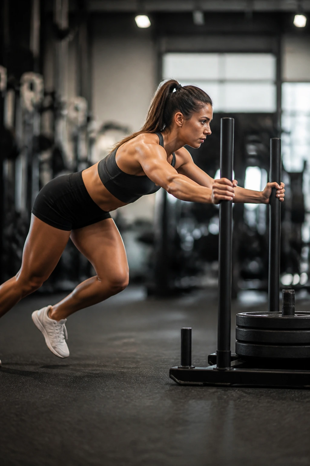 Athletic woman pushing a weighted sled in gym