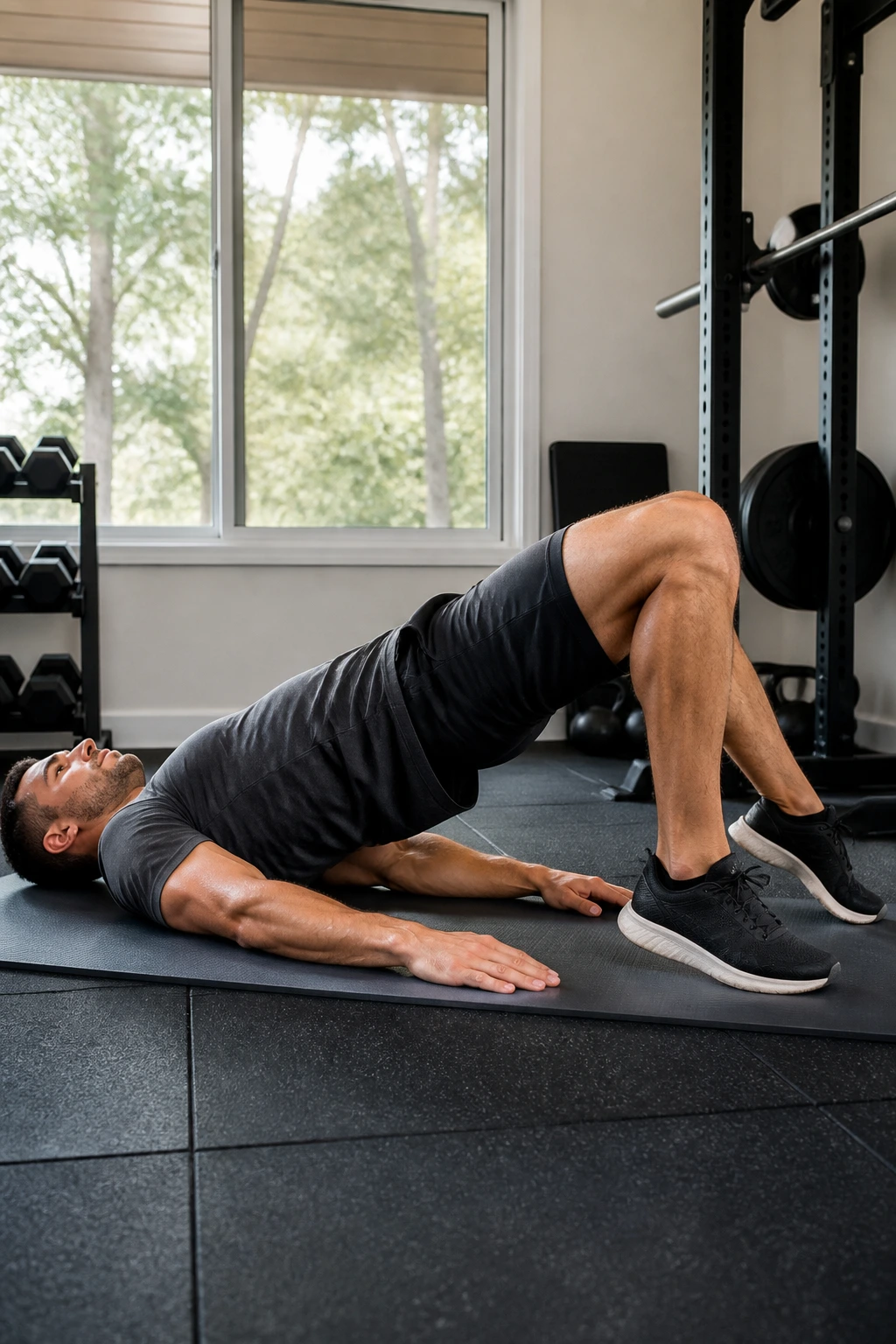 Front view of a person performing a B-stance glute bridge with the non-working leg on toes behind