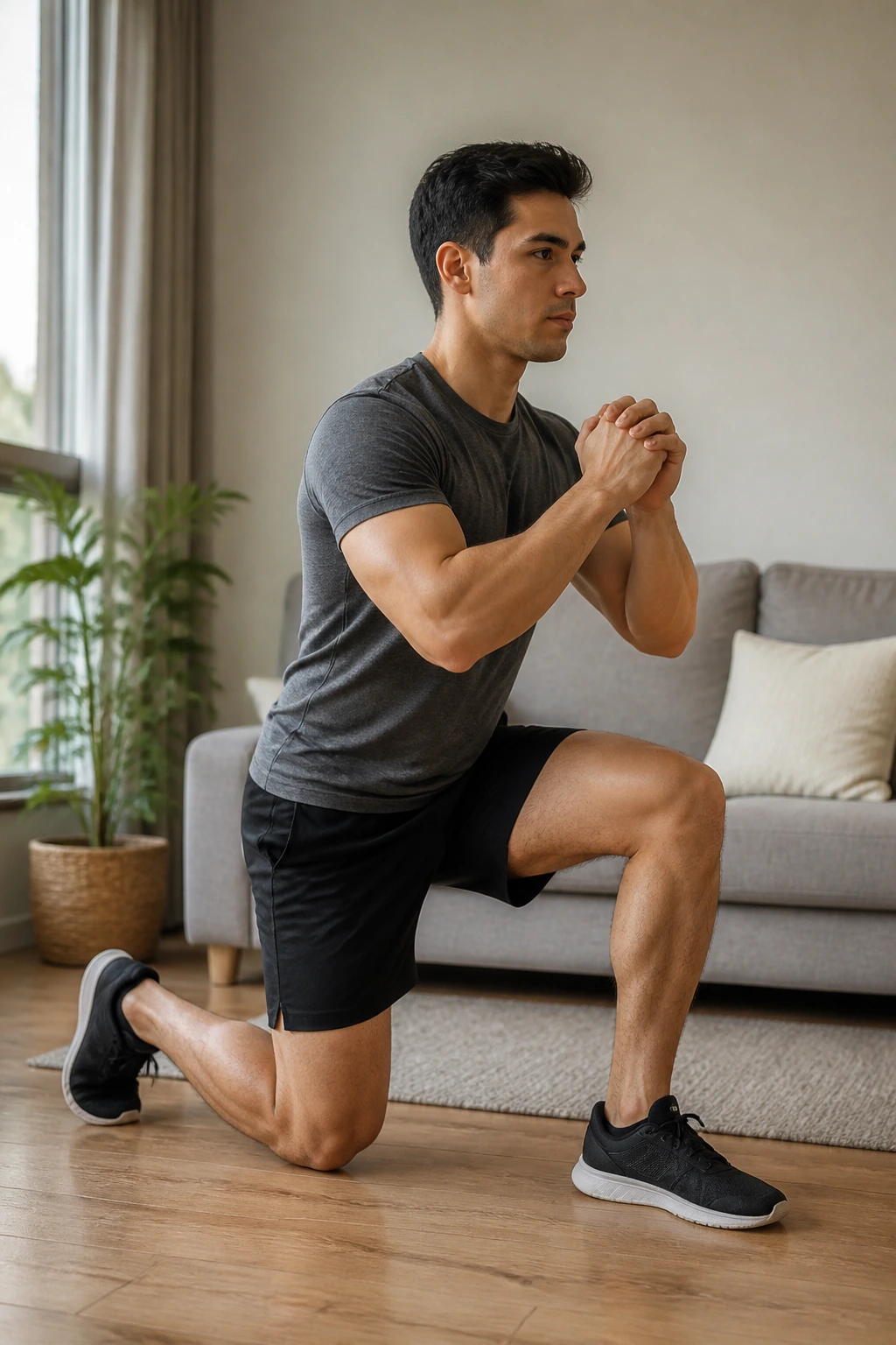 Real person performing a B-stance squat at home, front leg loaded and back foot on floor for balance.