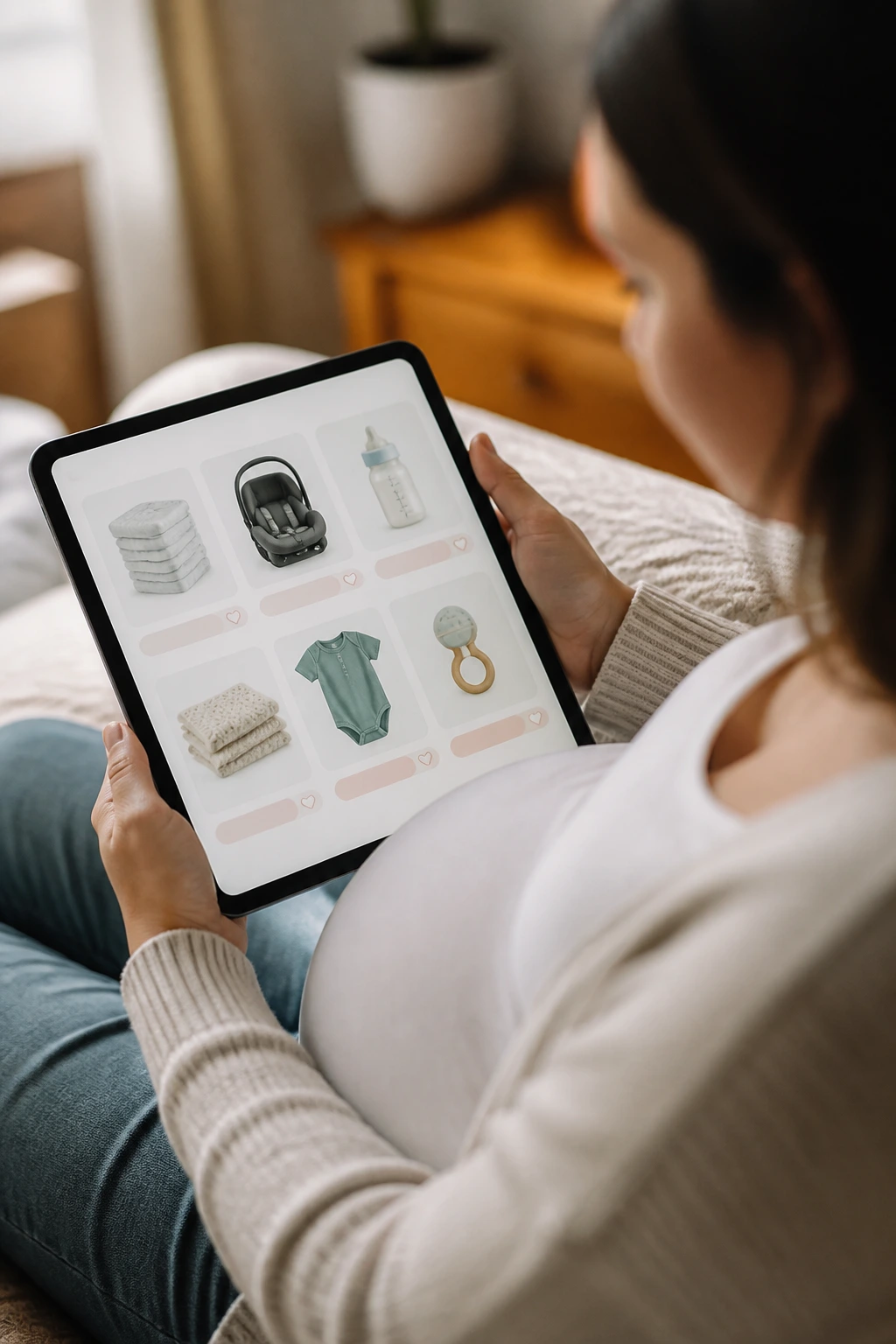Pregnant woman using tablet with baby registry icons in a tidy home