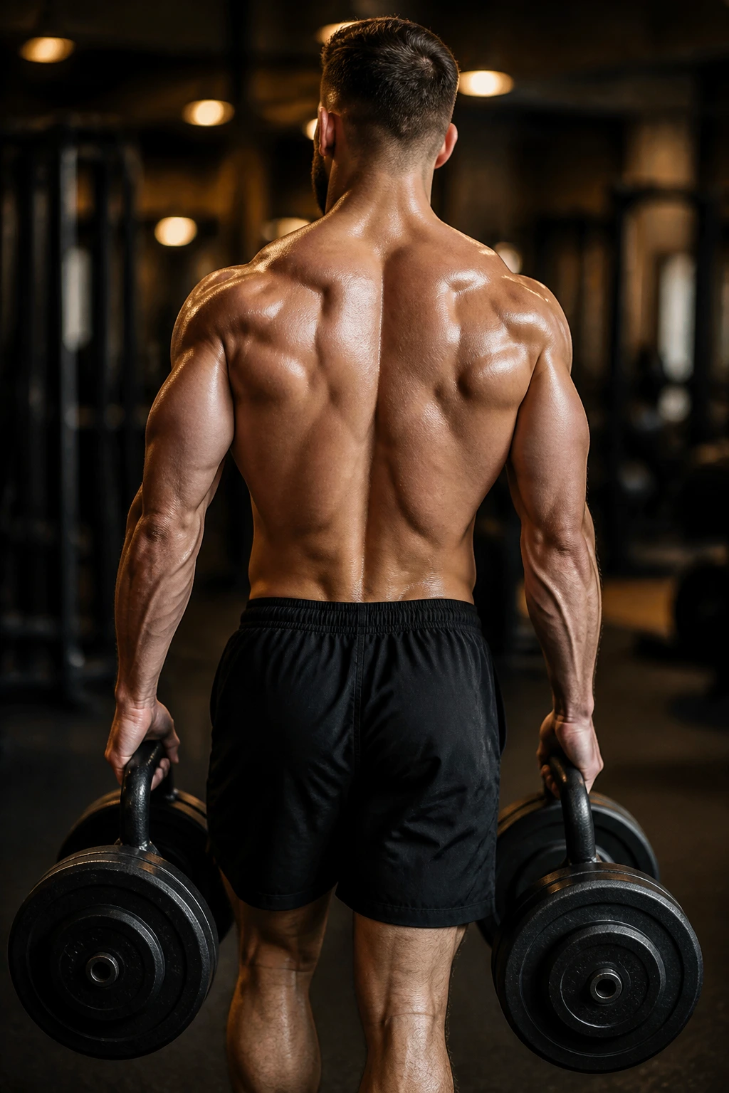 Close-up of athlete gripping heavy dumbbells in a farmer carry in a gym, showing engaged back and biceps