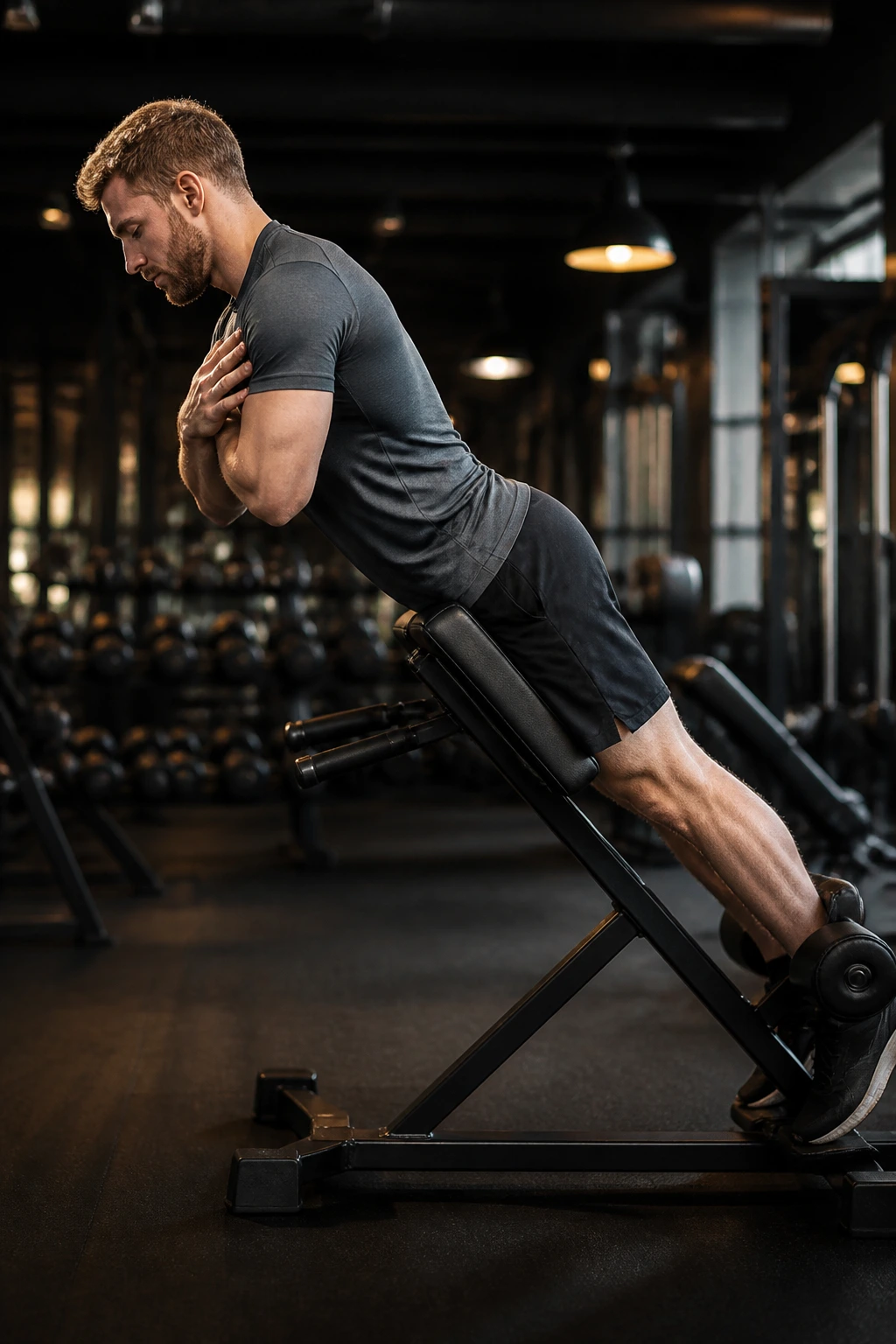 Lifter on a 45-degree back extension bench in gym