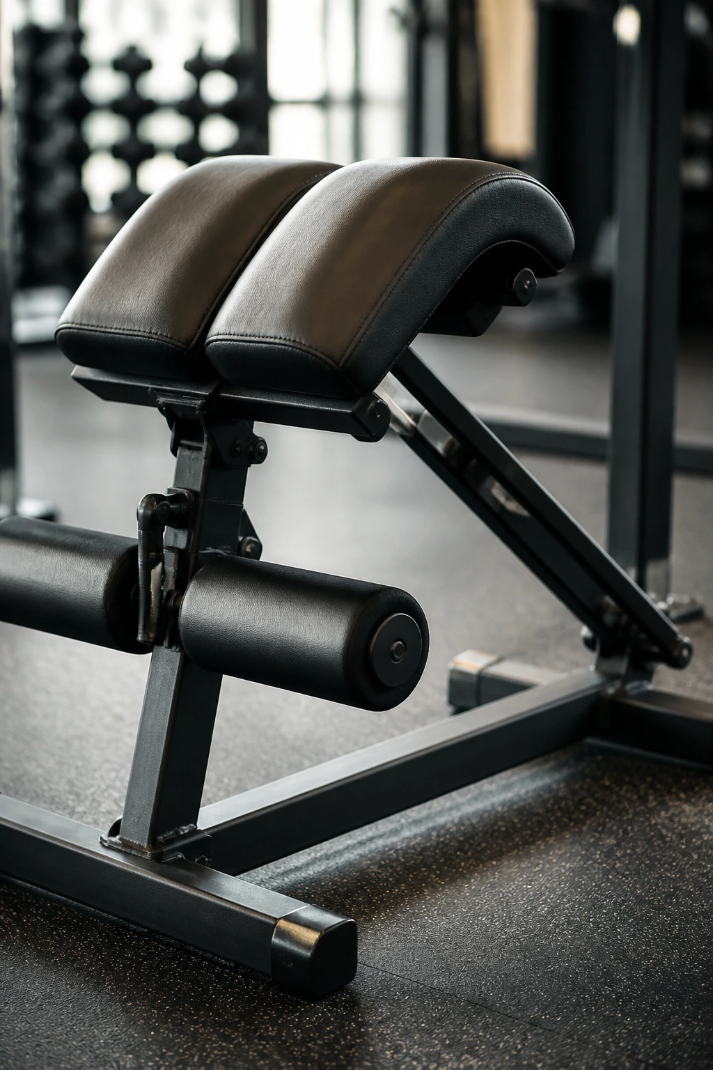Close-up of back extension machine pad in gym setting