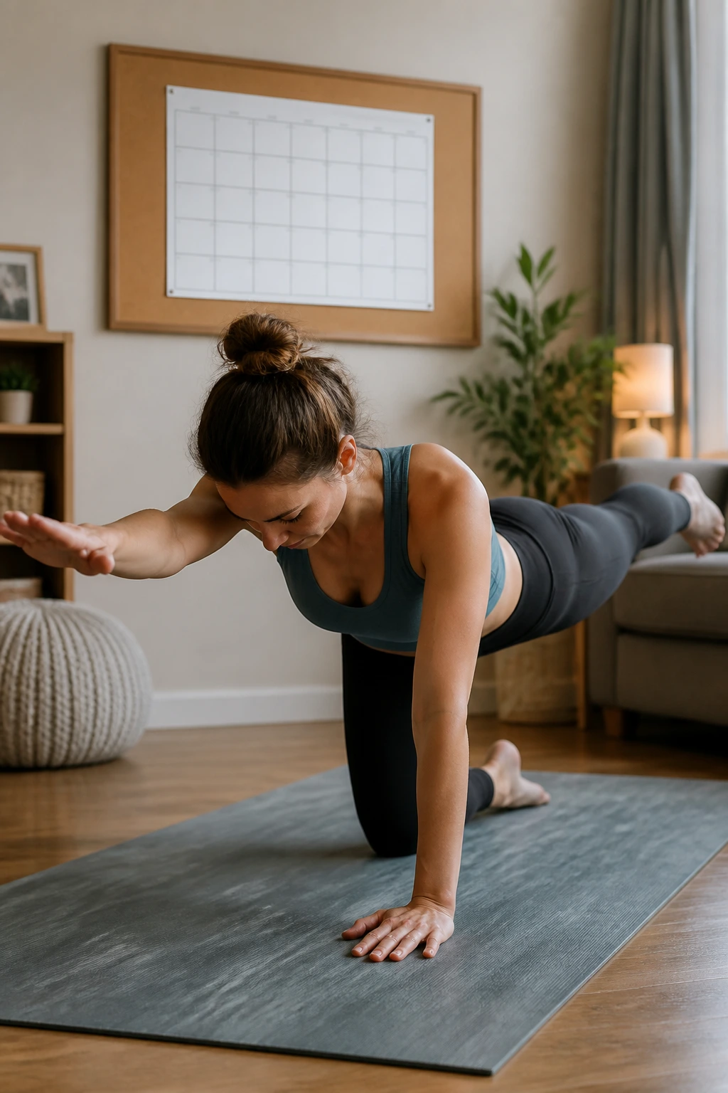 Close-up of a person doing a bird-dog exercise on a mat with a blank calendar grid visible in the background.