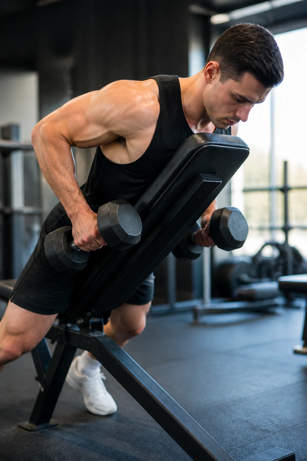 Person performing chest-supported row on incline bench in gym