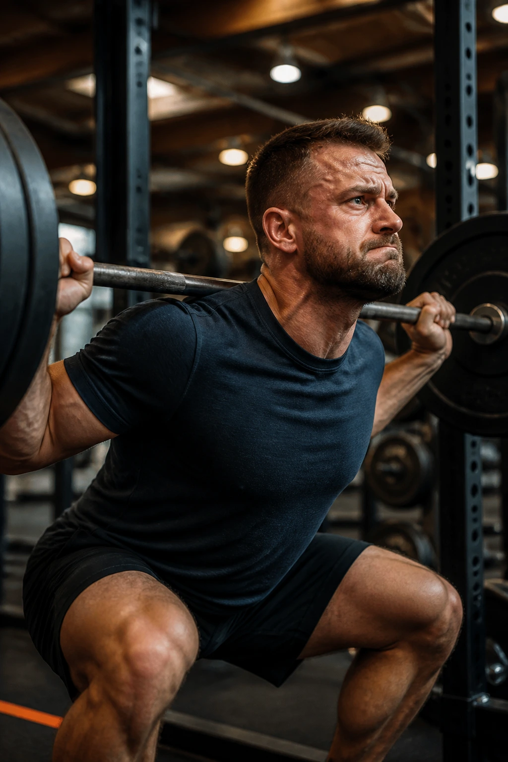 Close-up of lifter performing back squat with barbell in gym