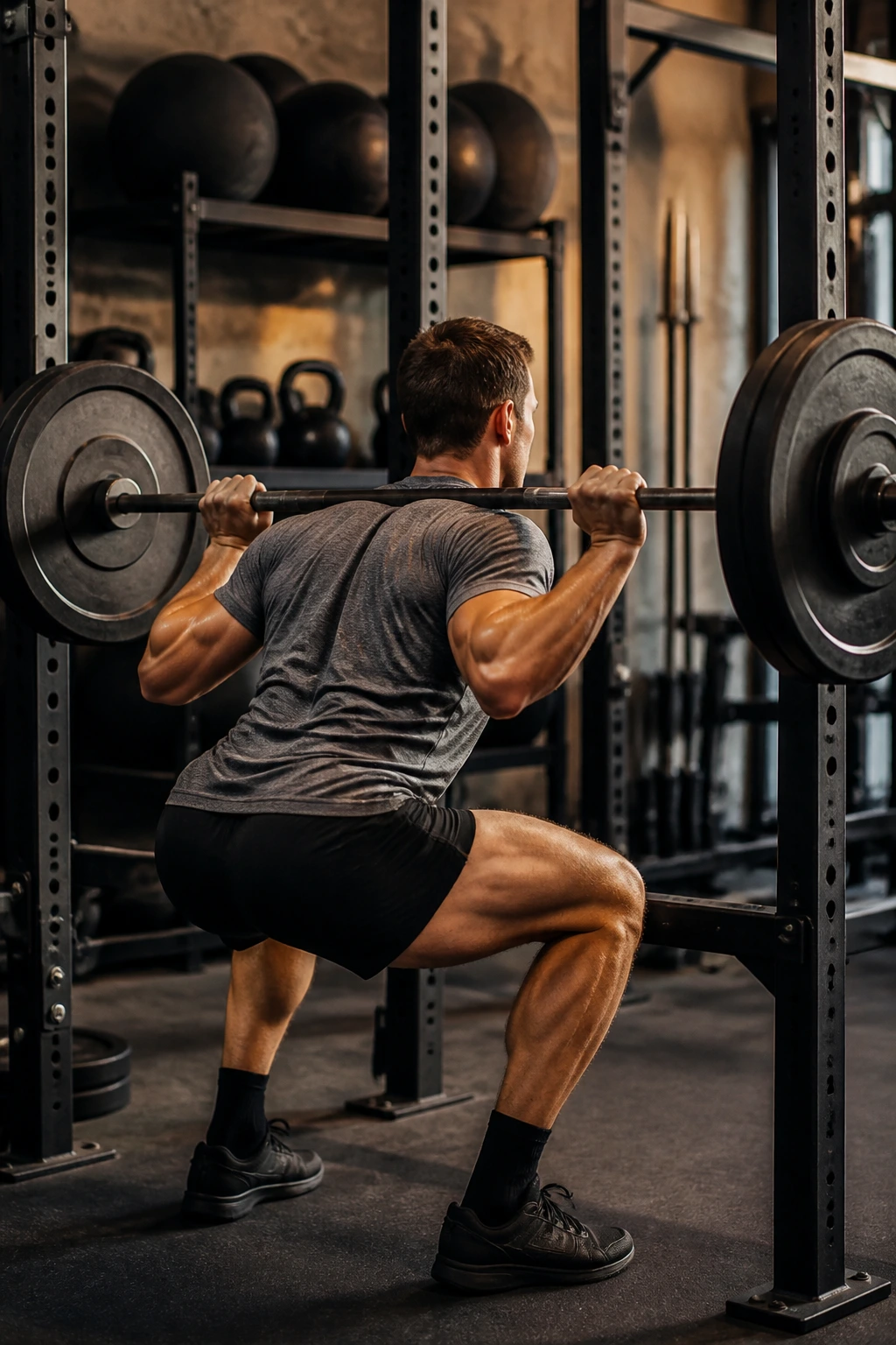 Lifter performing back squat in squat rack
