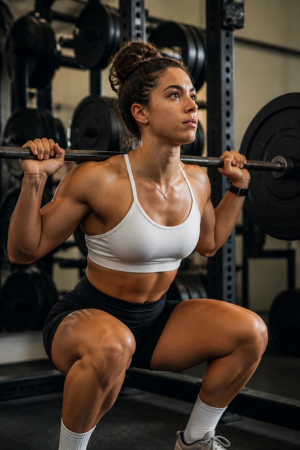 Medium close-up of lifter performing back squat in gym squat rack
