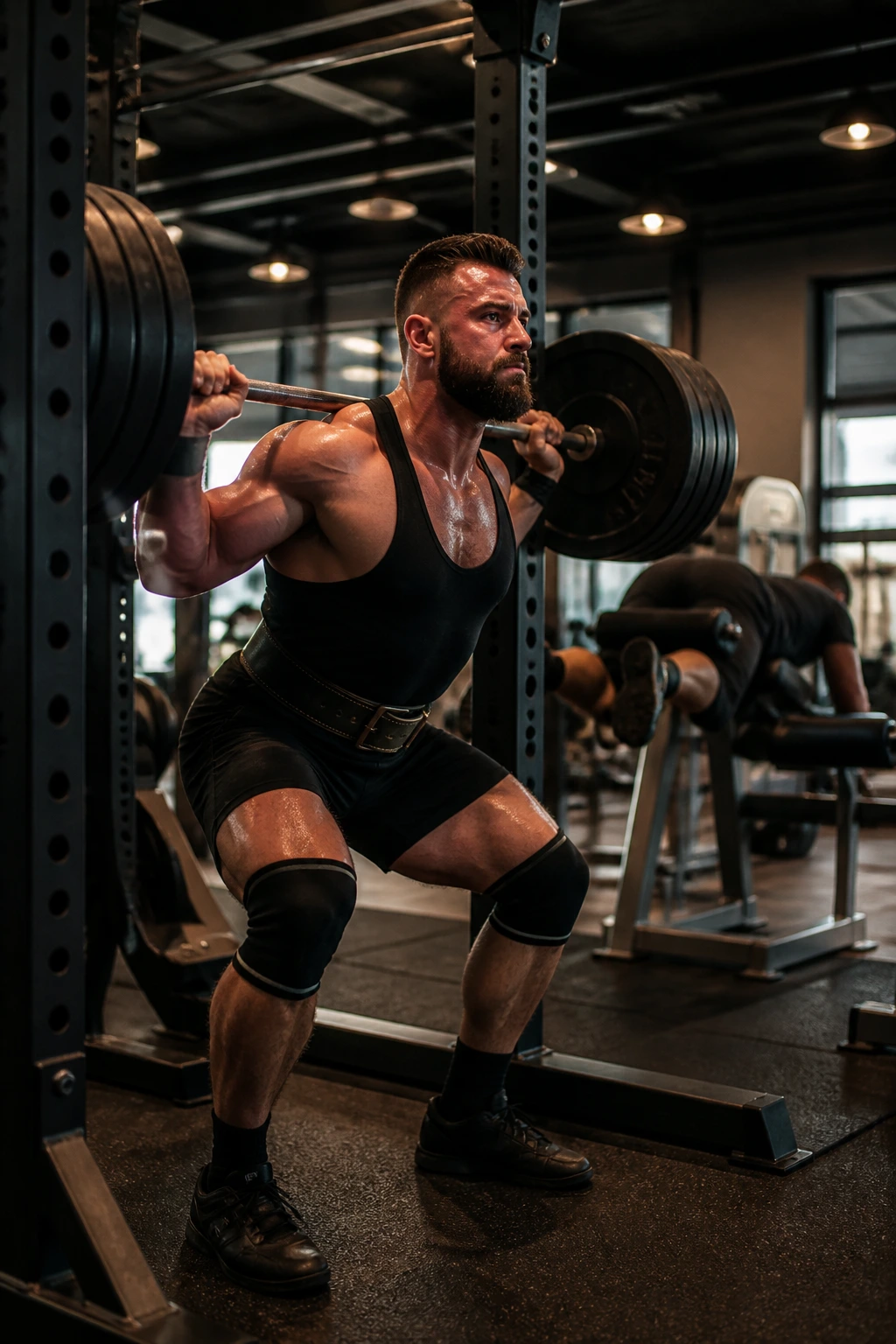 Lifter performing back squat with leg curl machine in gym background