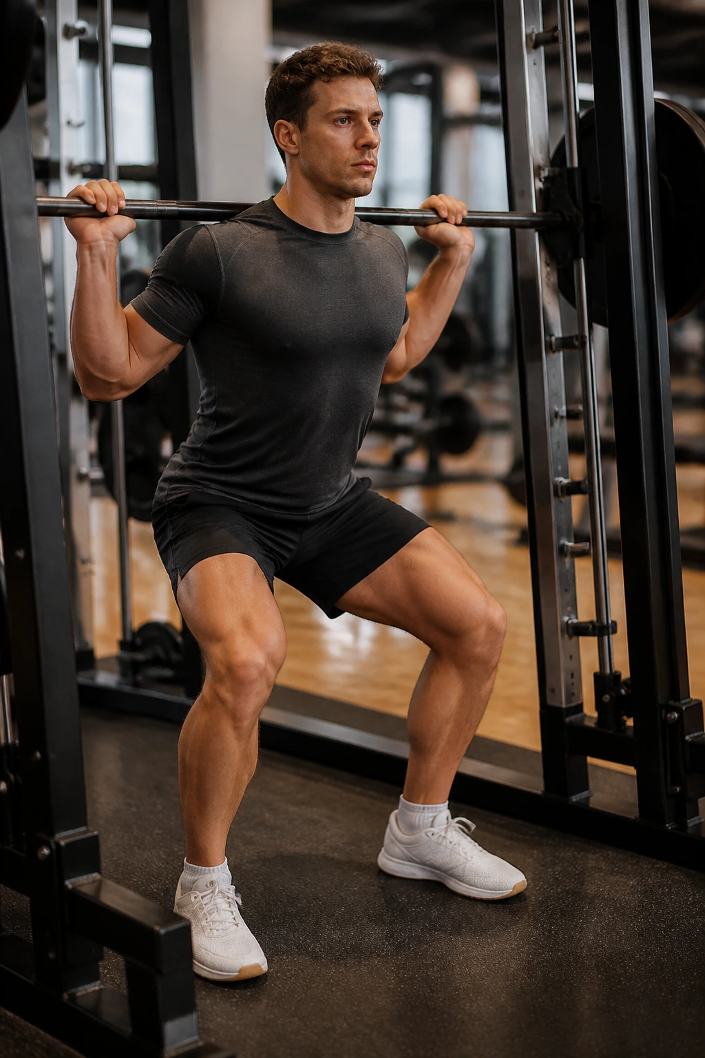 Close-up of lifter performing Smith machine back squat with forward foot placement in a gym