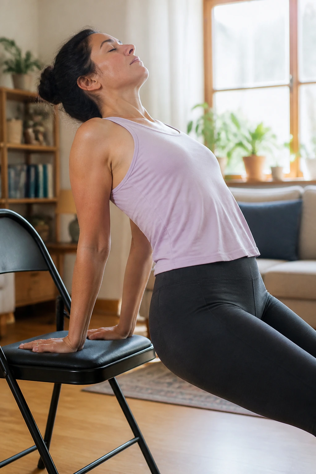 Real person performing a gentle chair backbend in a cozy living room