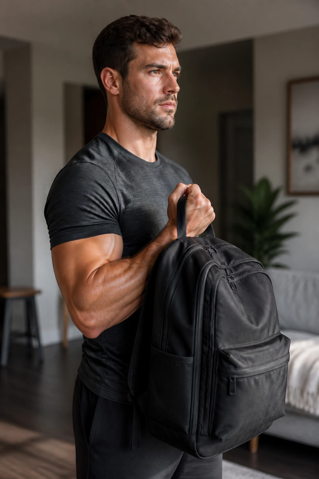 Arm performing a hammer curl with a backpack in a living room