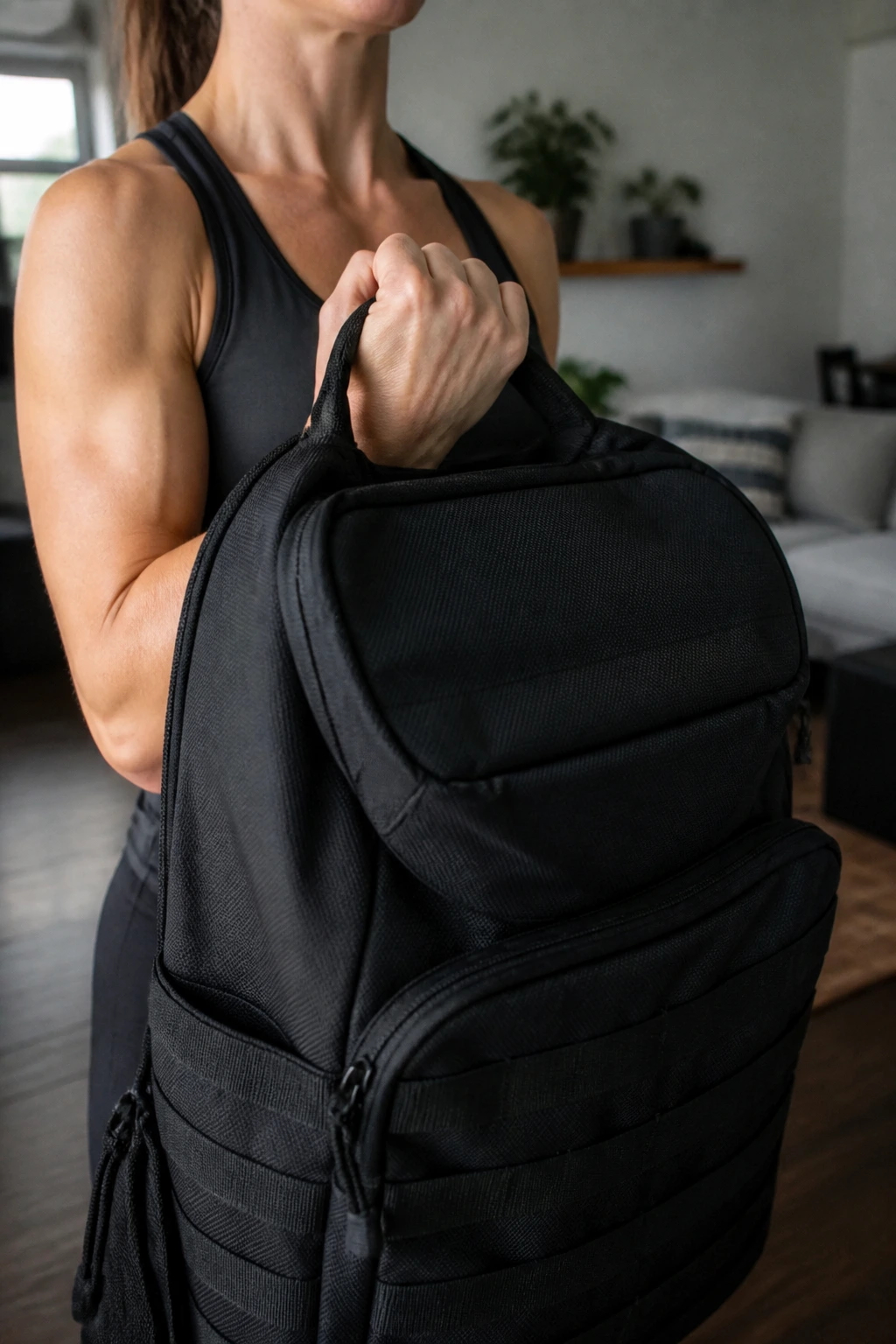 Close-up of a backpack being curled like a dumbbell in a living room