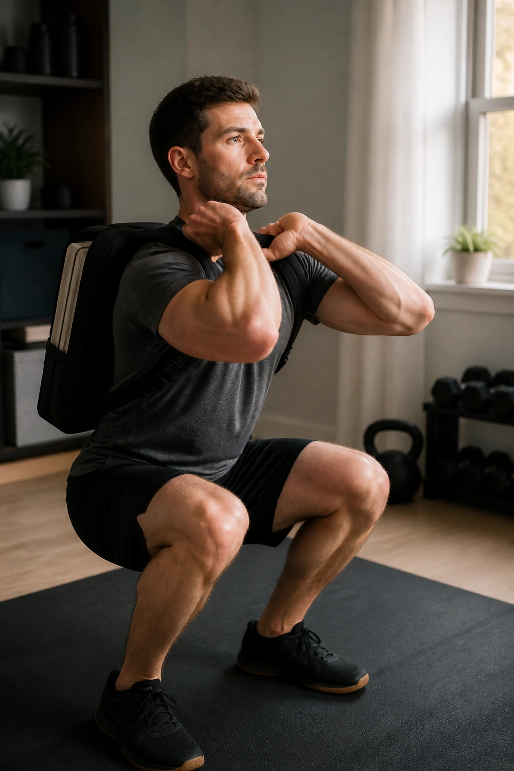 Person front squatting with loaded backpack in a home gym