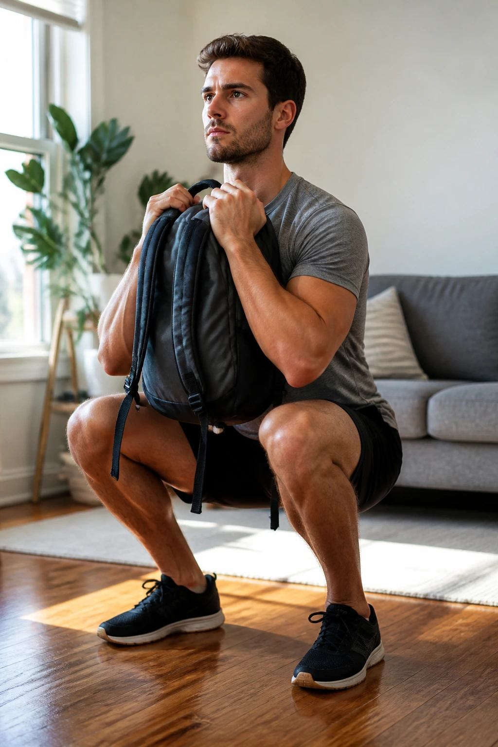 Person doing backpack goblet squats in a home setting