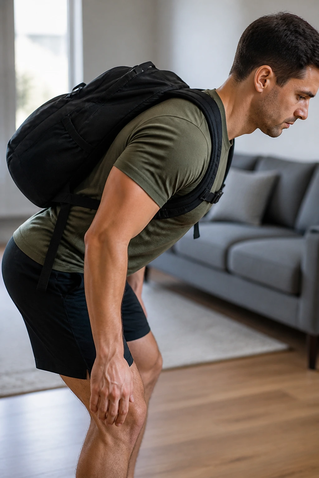 Close up of a person performing a backpack hip hinge in a living room, hips back and neutral spine