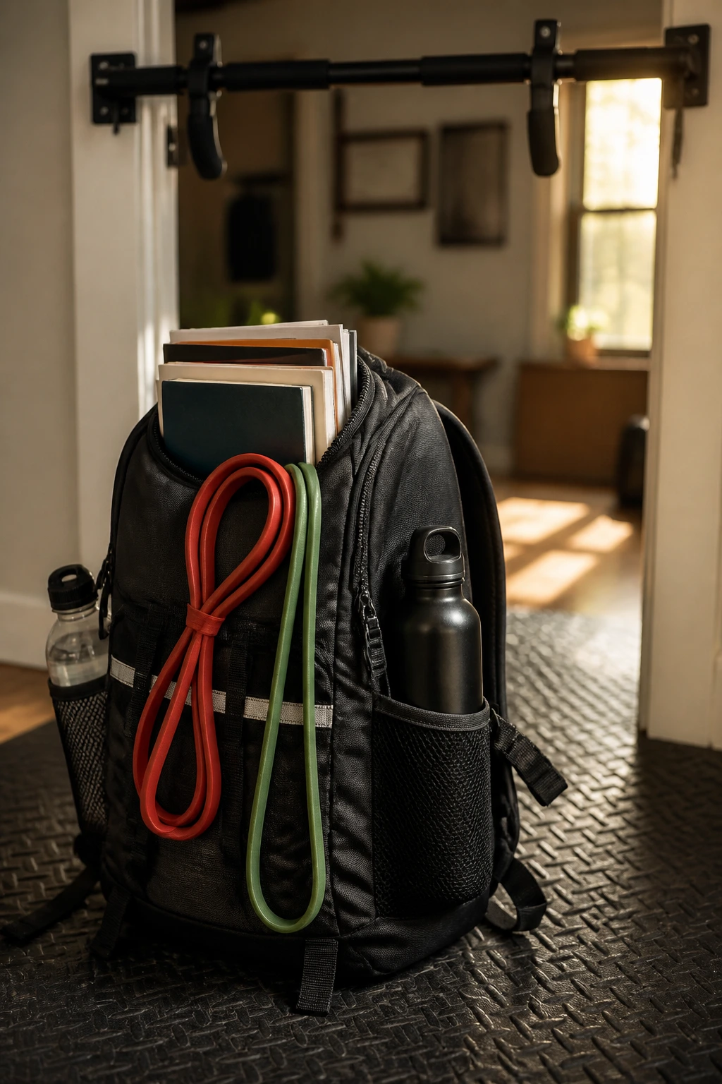 Close-up of a backpack filled with books and water bottles on a gym mat in a sunlit home corner
