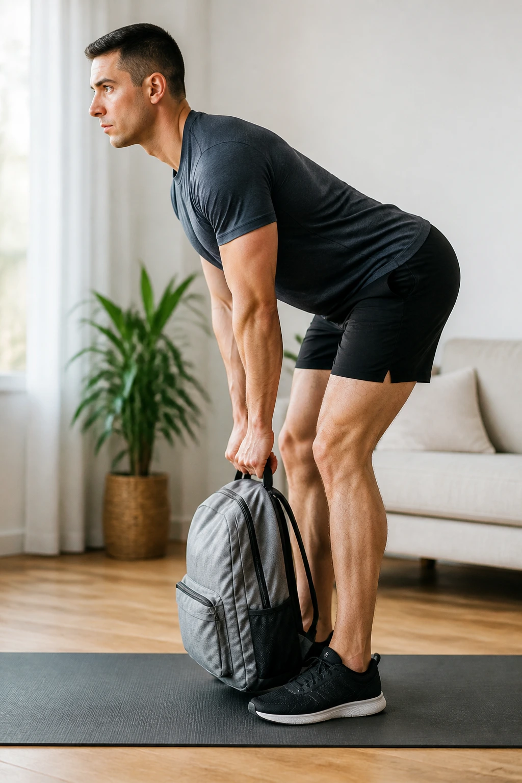 Person performing backpack Romanian deadlift with hips back and back flat