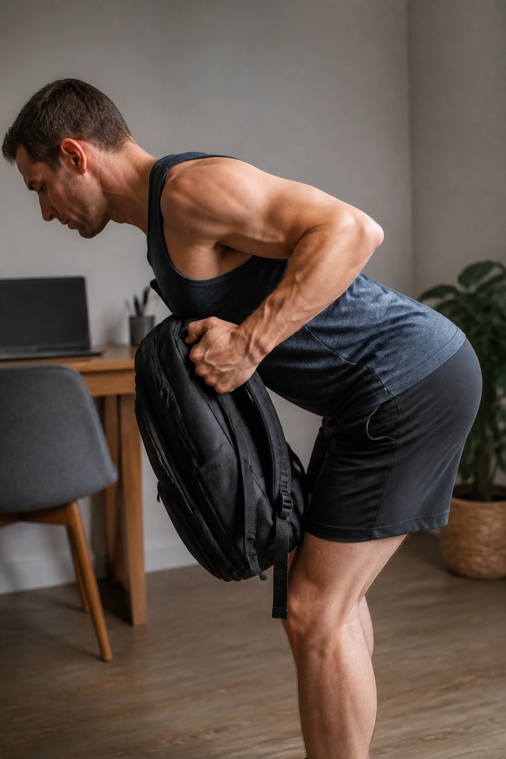 Real person performing backpack bent-over row in a home setting
