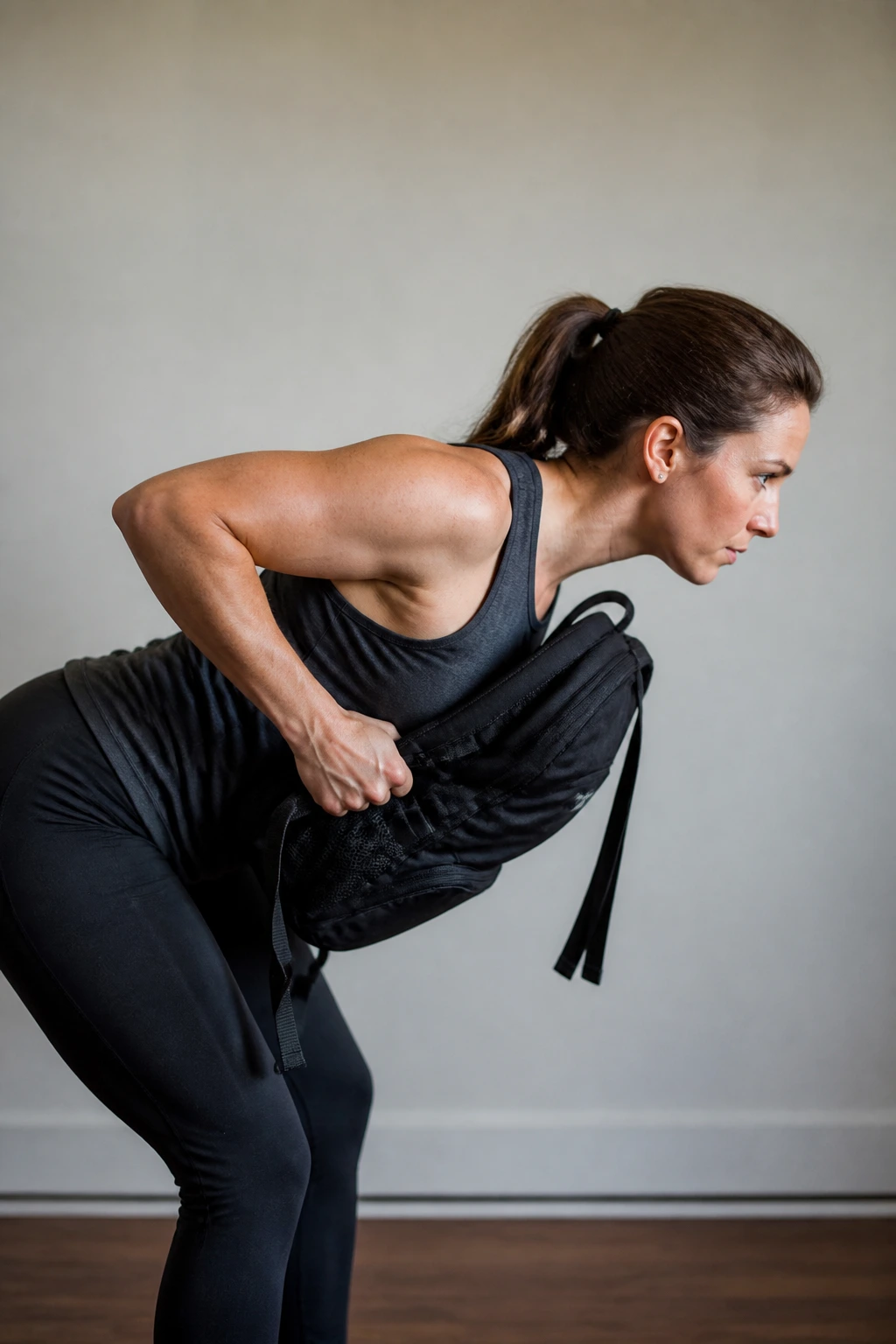 Person performing backpack row at home with a backpack against a wall