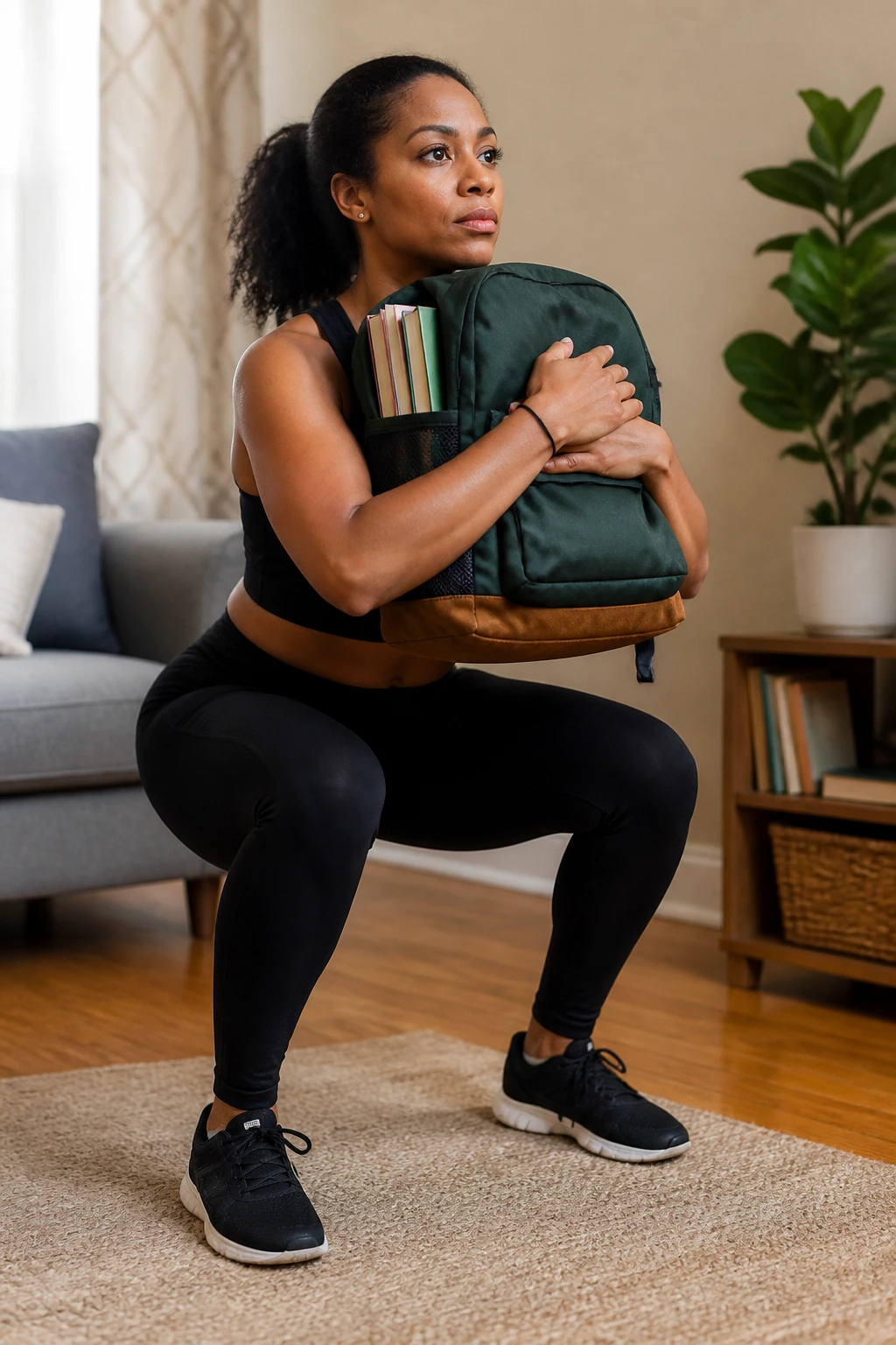 Person performing backpack loaded squat in living room