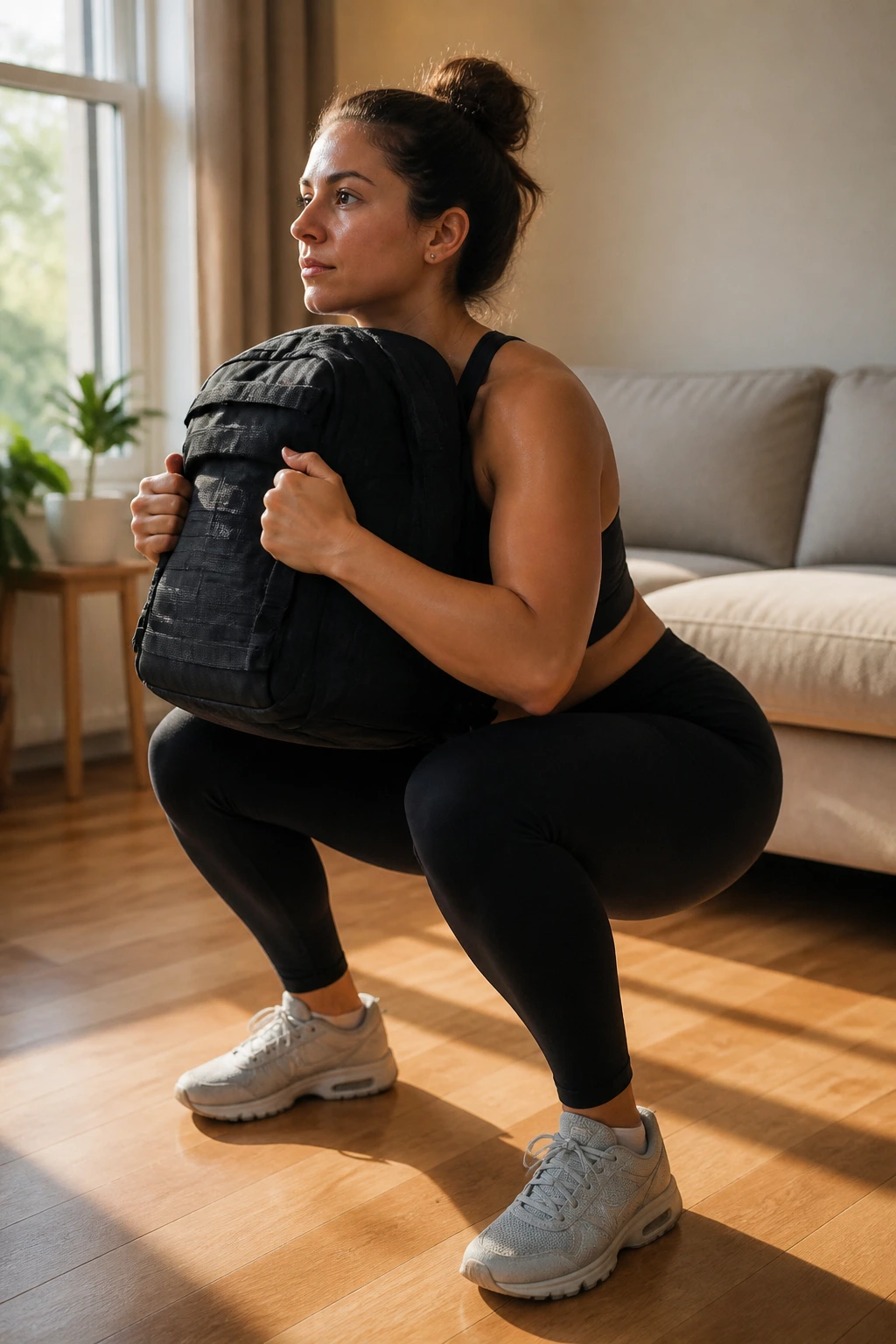 Upper body and leg view of a person squatting with a weighted backpack in a home gym