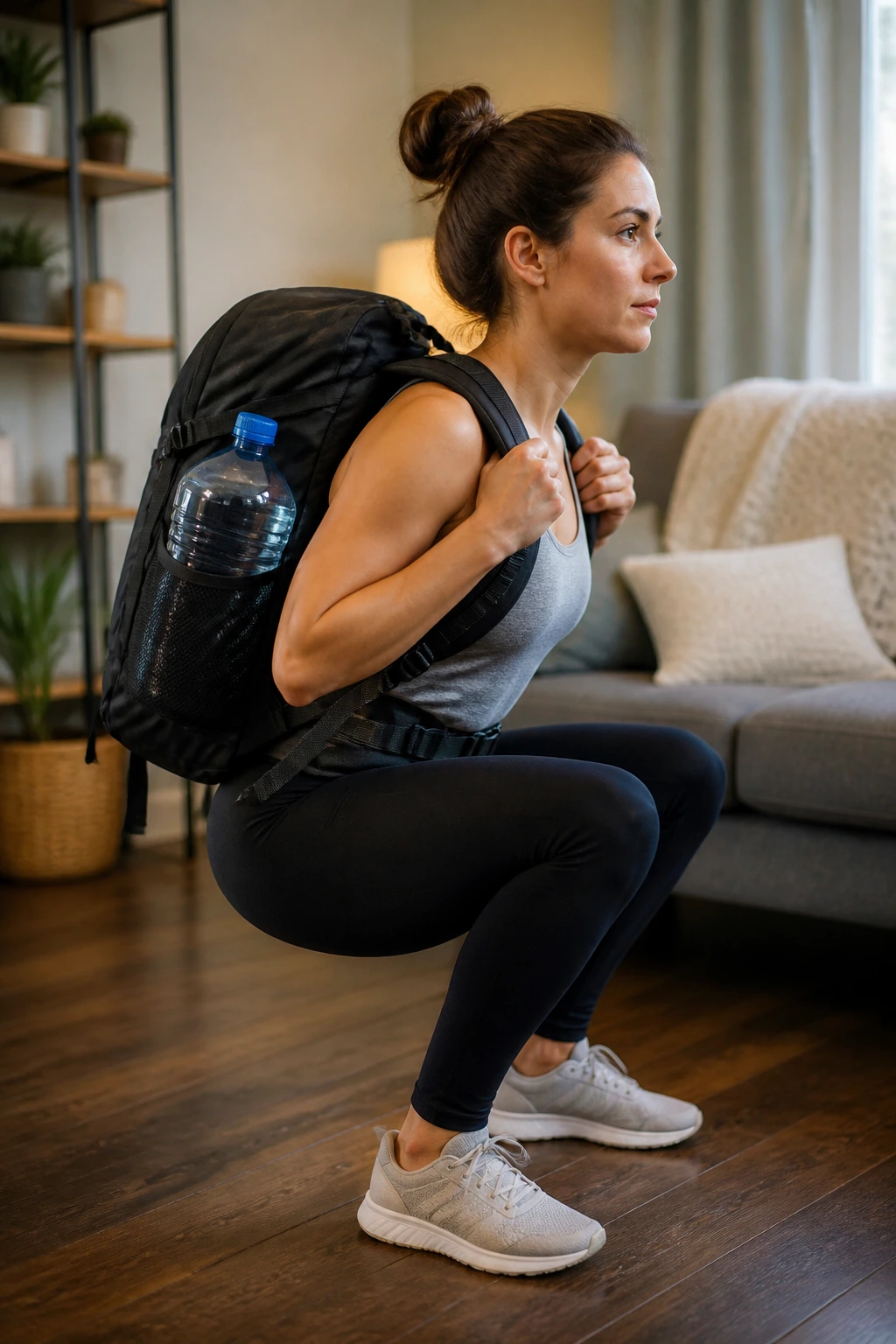 Mid-shot of a person wearing a backpack performing a squat at home