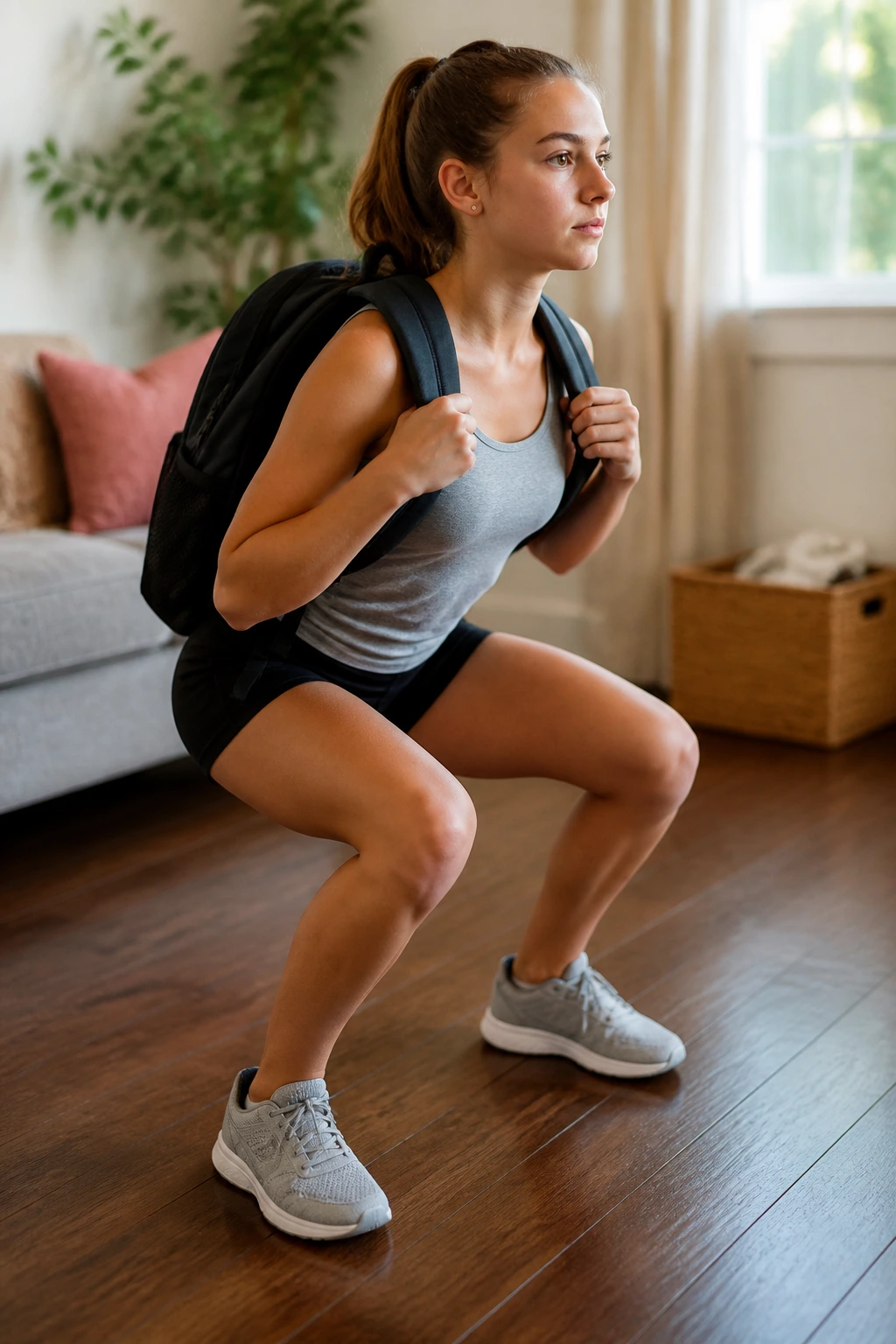 Teen girl squats with a backpack in a cozy home setting.