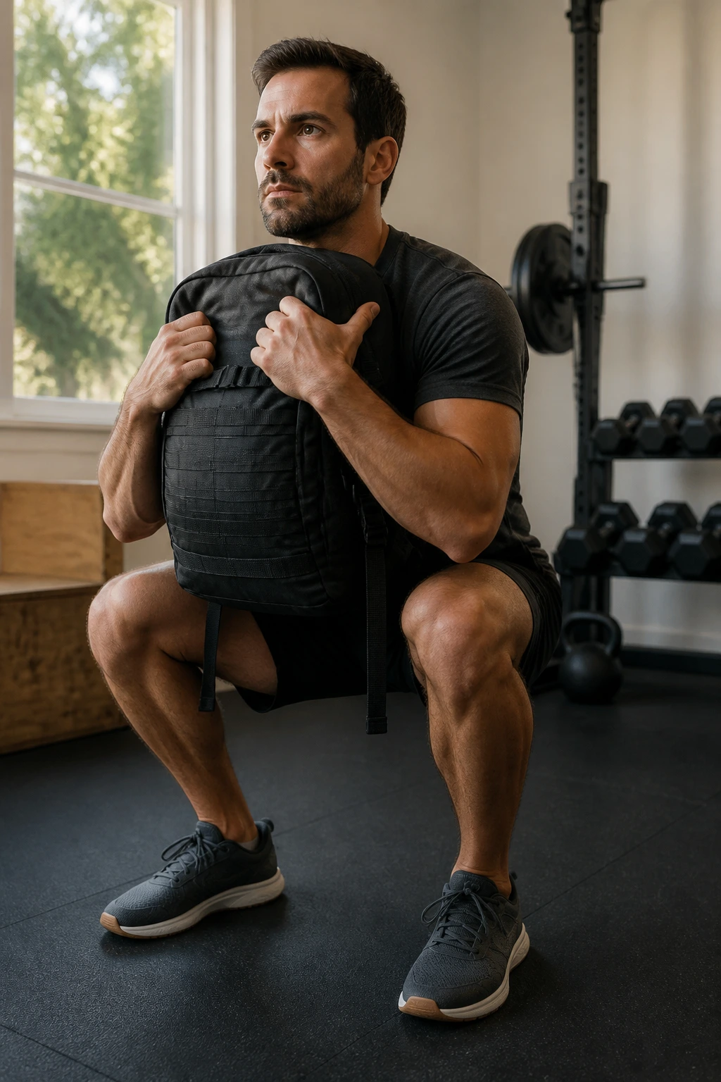 Person performing goblet squats with a backpack in a home setting