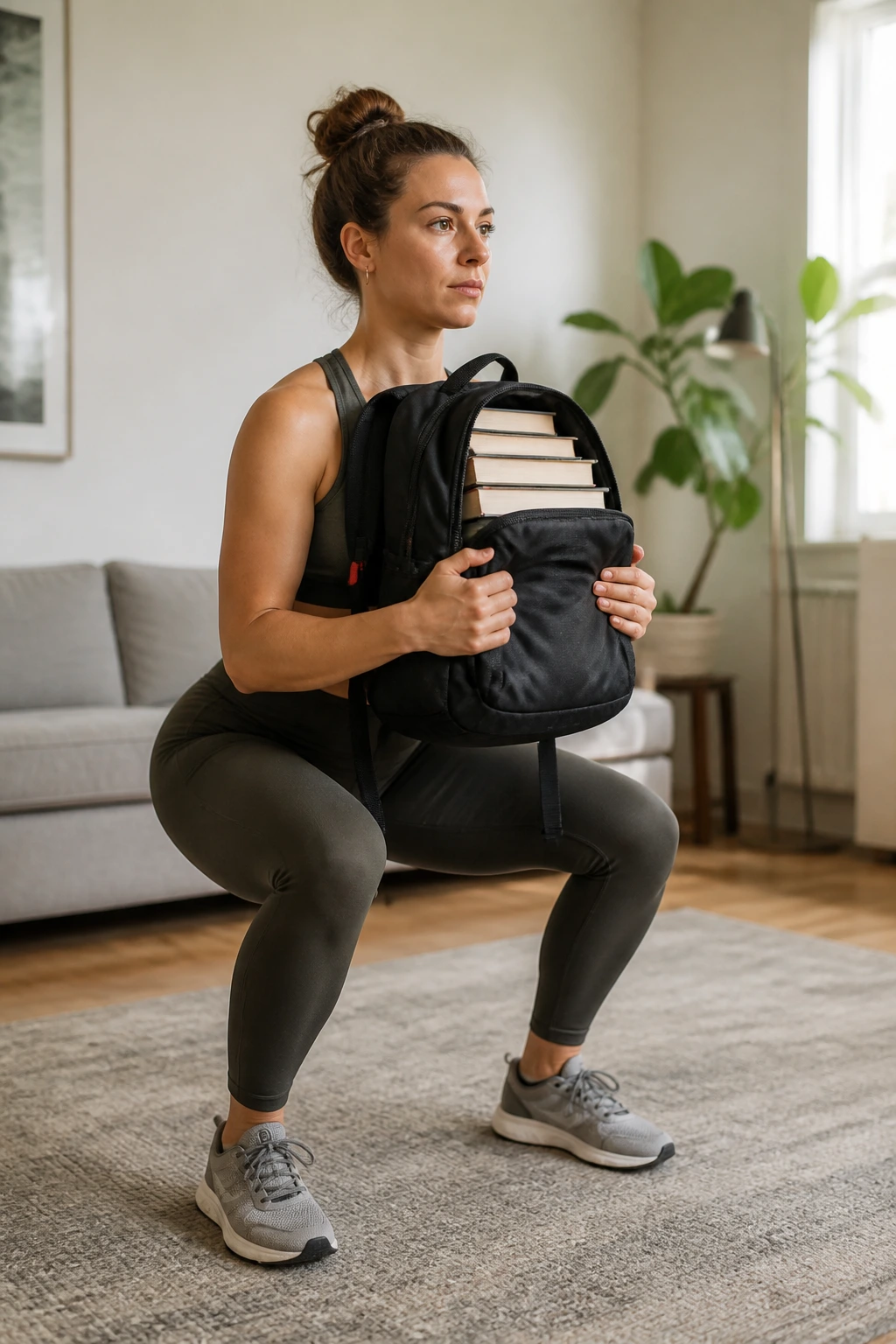 Person performing goblet squat with a backpack in a home setting.