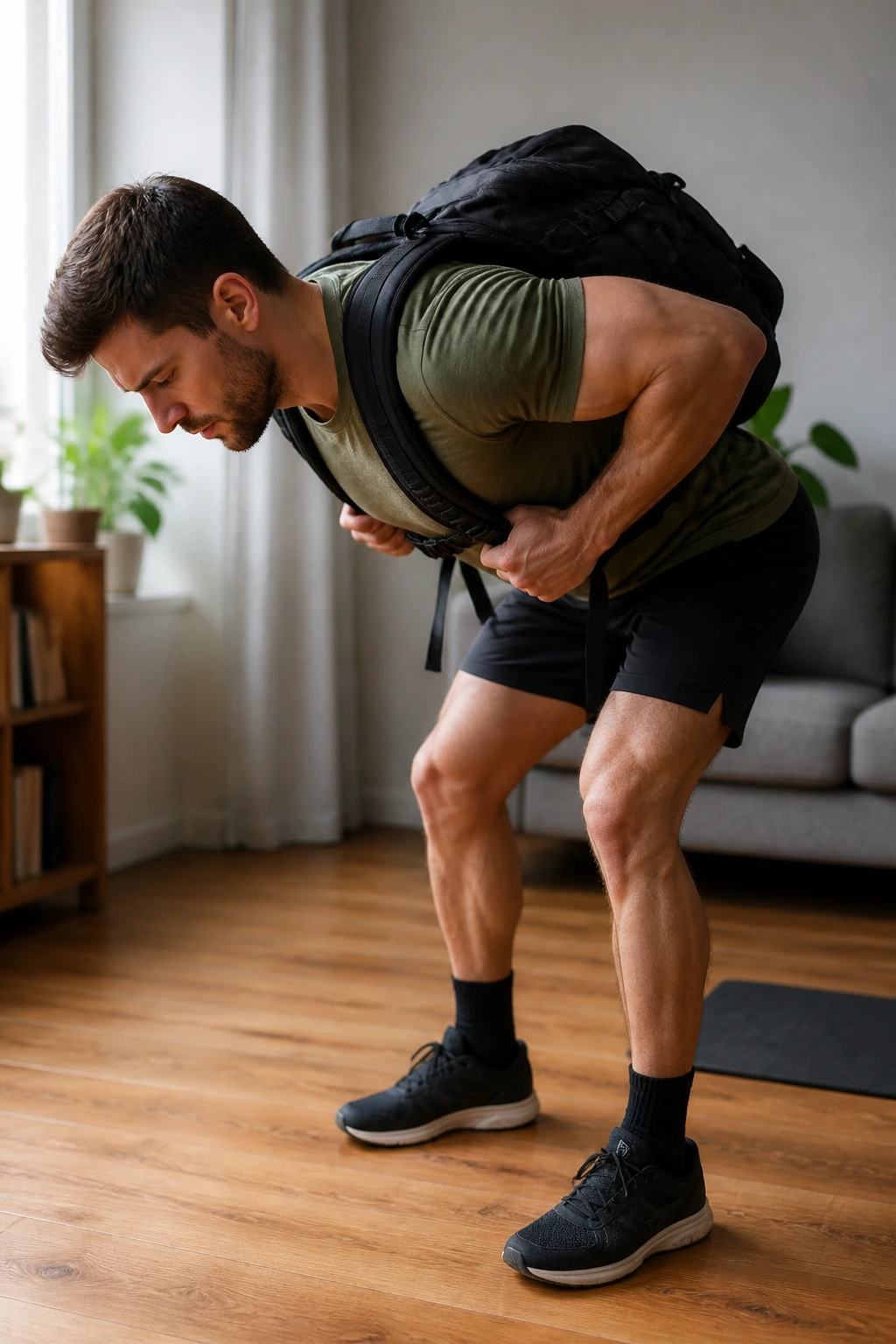 Person using a backpack for strength training at home