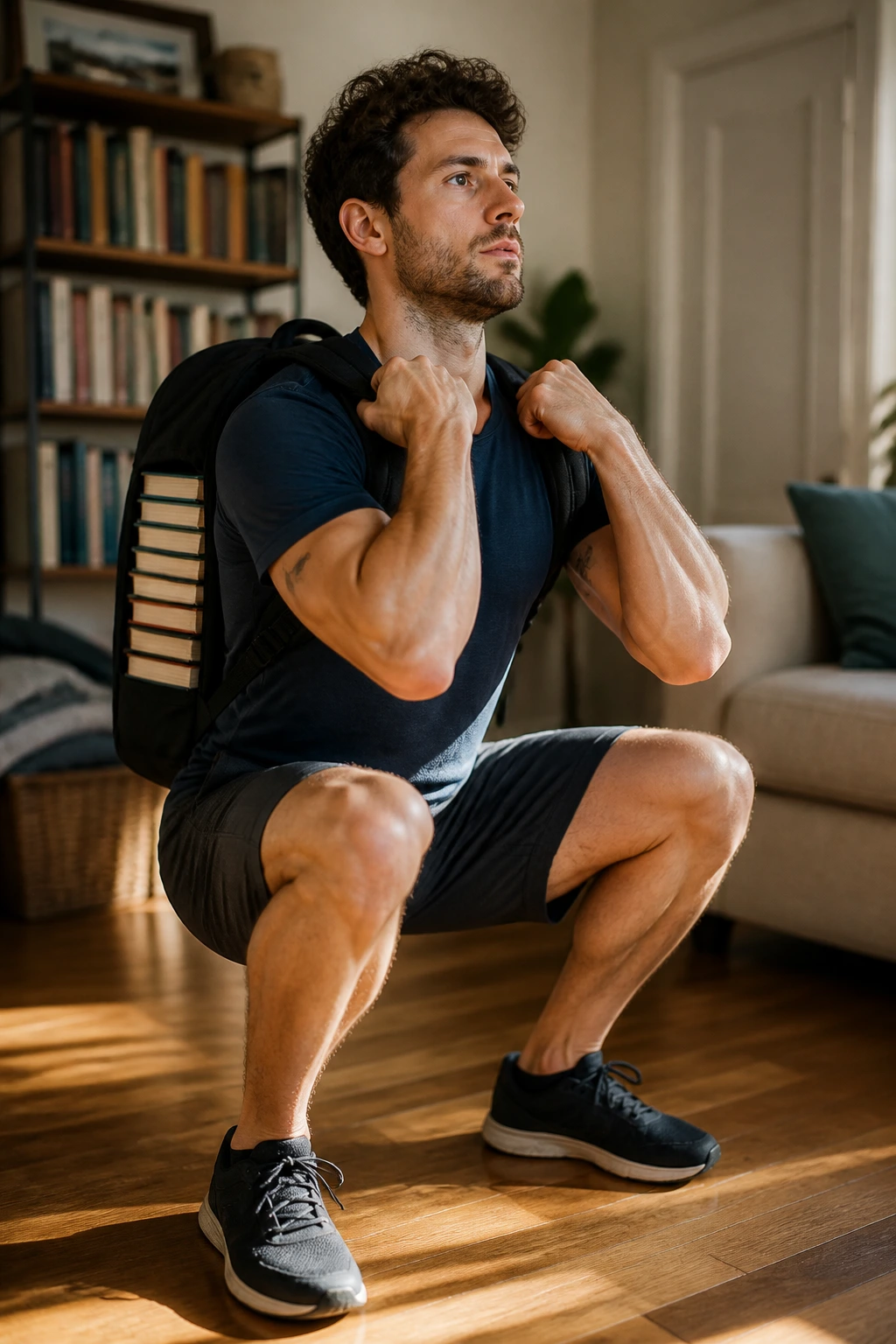 Person wearing backpack loaded with books performing a front squat at home