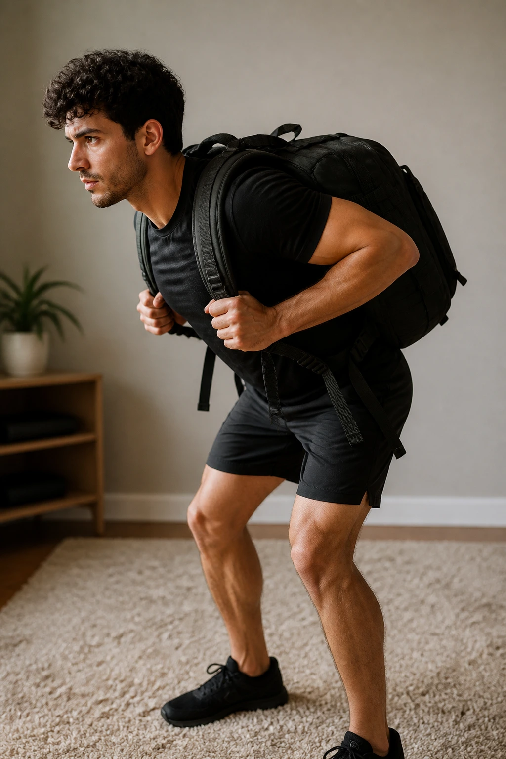 Medium close-up of a person performing bent-over rows with a backpack at home.
