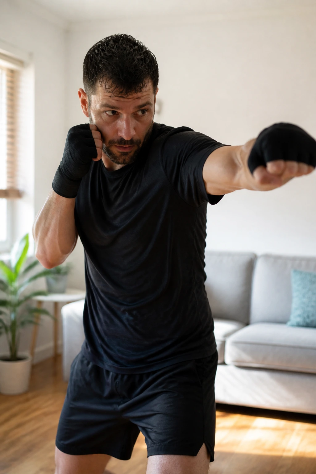Boxer performing backpedal and counter punching in a sunlit living room
