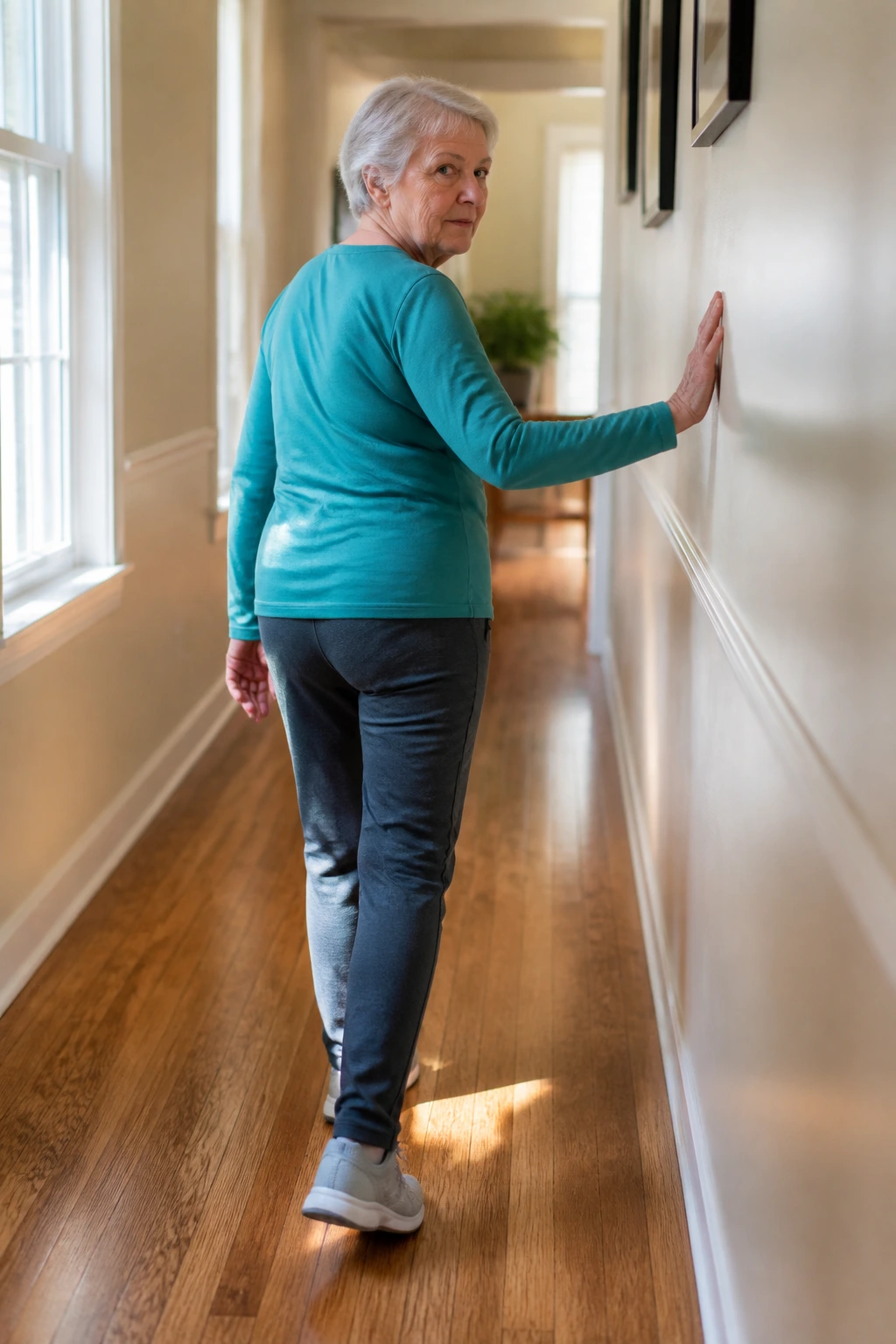 Senior adult backward-walking in sunlit hallway
